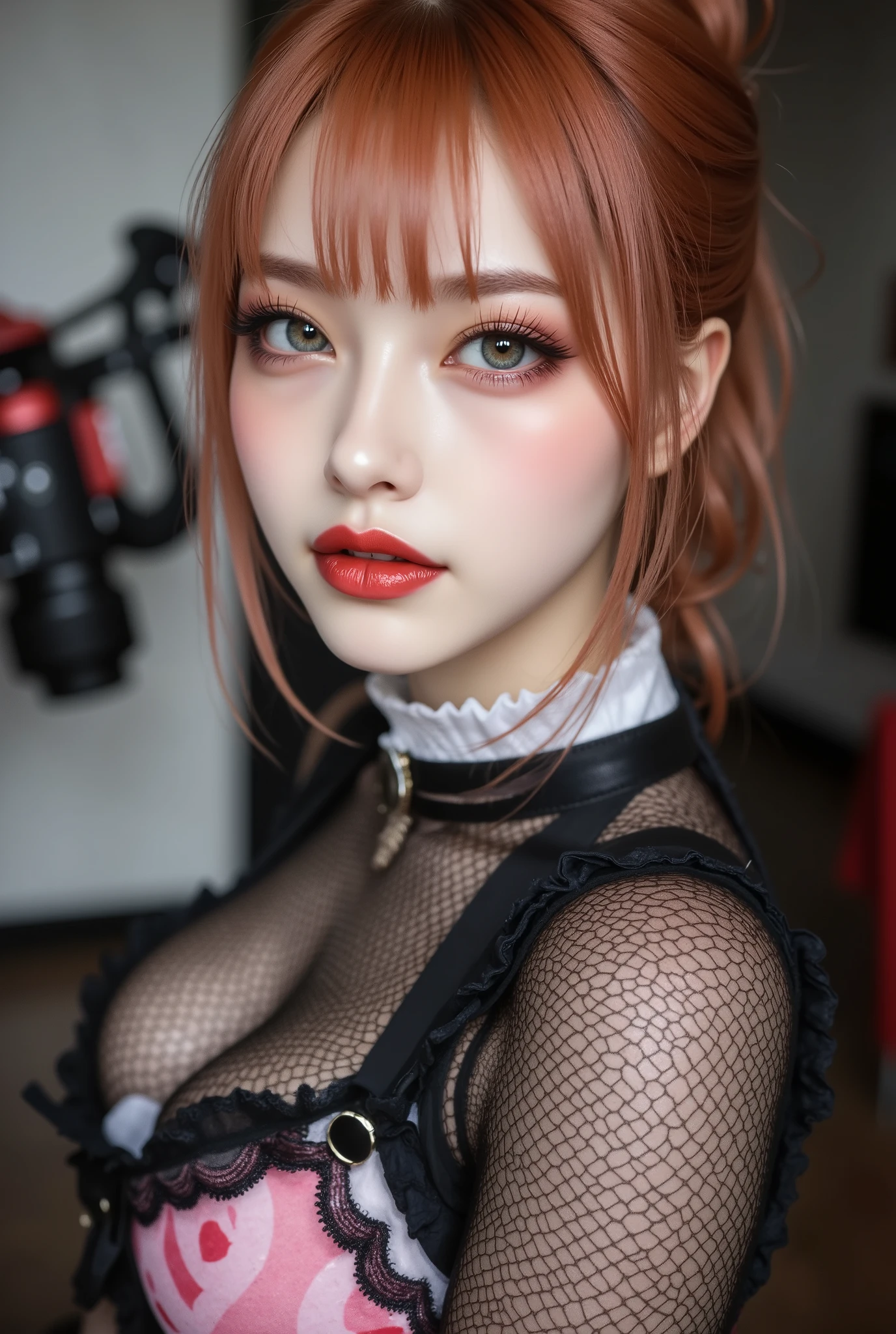 Realistic ((Photorealistic realism)), Hyper high resolution, ((Hyper insanel quality,epice masterciece, intricately detailed digital art)),((focus on extremely Realistic Proportion Body:1.3)),(portrait),((a cute and very beautiful, 1 Japanese, 20yo, famous Kpop idol:1.35)), (ultra realistic texture details: velvety skin, hair), ((sharp focus, no blurry eyes, Hyper absurd quality, Hyper details,Hyper realistic brown_eyes:1.4)),((extra narrow eyebrows)),(Carefully draw Long blue_mascara:1.33),(perfect round eyes)(finely detailed pupils,(extremely fine details pupils)),detailed lips:1.3,(apply glossy red_lipstick:1.3), (perfect proportions:1.2), (red bodysuit((lace fishnets, mesh stocking:1.3, intricately detailed))), ((wear pink cropped intricately detailed bodysuit:1.33)), ((((orange Hair:1.4)),Long orange Hair, slick two side up,Crossed bangs,between hair)), dslr, high quality split lighting, sharp focus captured by Fujifilm XT3, f 5.6,(perfect composition),((look at the viewer)), HDR, UHD, studio lighting, physically-based rendering, vivid colors,