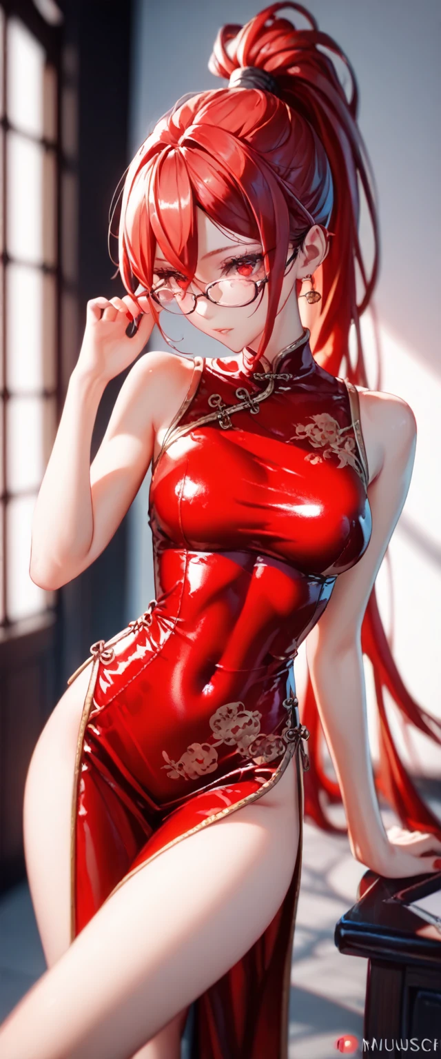 1girl,solo,makima \(chainsaw man\), chainsaw man,super detailed skin,shiny skin,seductive look ,eyelashes,lips gloss,red hair,sidelocks,a braid, large breasts,cleavage cutout,slit,cheongsam,Chinatown ,off-street,from side,from below,masterpiece,best quality,ultra detailed,high resolution,sharp focus