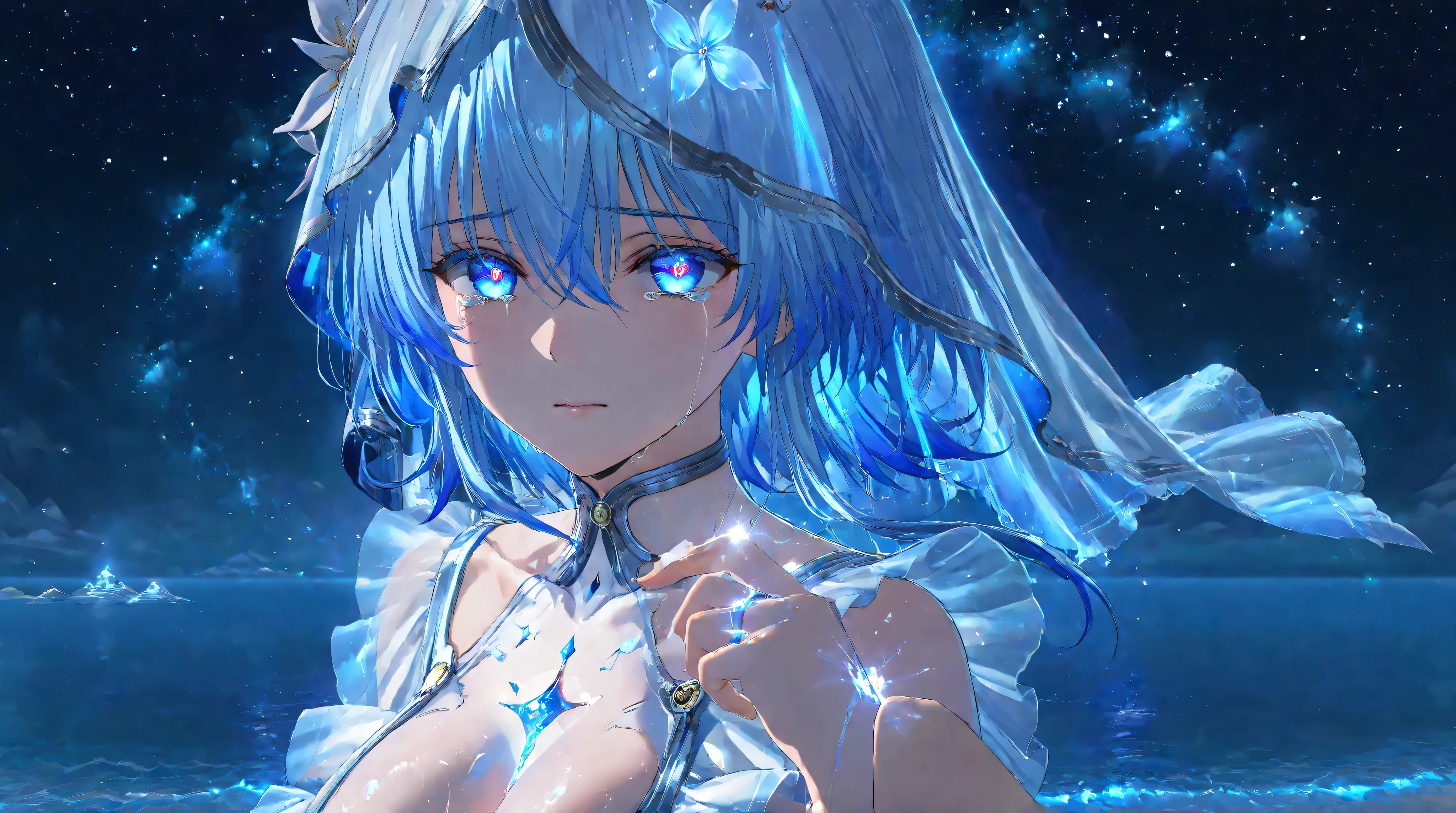 Shorekeeper (Wuthering Waves), art style, 1 girl, 1 male, blue eyes, glowing hair, Beautiful body, the average breast, soft lips, Ultra HD eyes,Super HD eyes, glowing eyes, Ultra HD body,Super HD body,Hyper-realistic body, Cosmic background, Focus on full growth, Super HD art, A man puts a ring on her finger, The wedding ring, emotions of happiness, Tears of joy, Beautiful dress, Transparent veil, Ocean background, They are standing on the shore