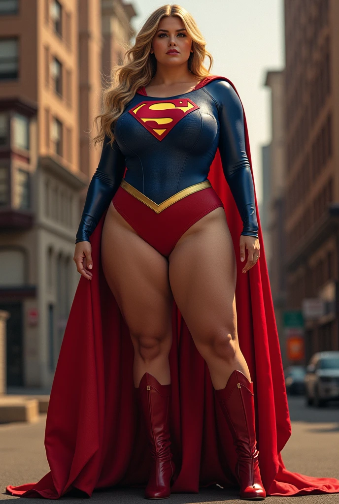 Supergirl, wide hips, curvy, long legs, big ass, beautiful eyes, beautiful, full body, thick high, sexy swimsuit outfit, background city