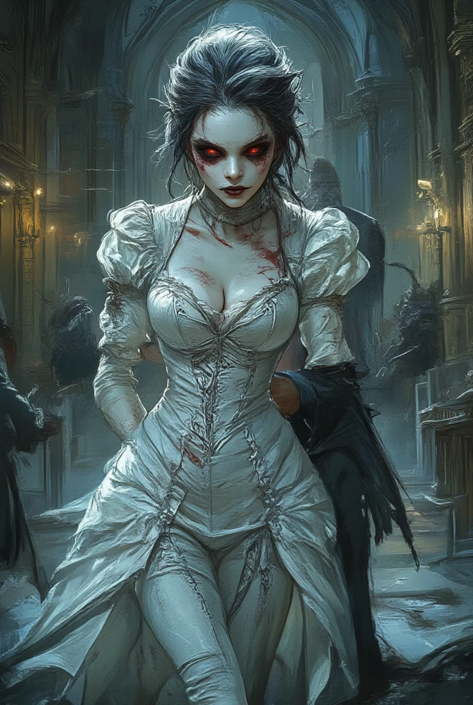 "Craft a bone-chilling masterpiece set in a 1600s graveyard on a cold, foggy night. Amidst the crumbling tombstones and eerie silence, introduce a malevolent and emaciated humanoid figure, her unnaturally thin frame shrouded in a tattered black dress from the era. Her messy, long, straight dark hair hangs like a curtain of dread, partially obscuring her blood-red eyes, which emit an evil, otherworldly glow.

As she hovers above the ground, a sense of terror and dread permeates the air, and the atmosphere is thick with decay and disgust. Describe the fear that washes over anyone who dares to lay eyes upon her twisted, sickly form. Evoking shock value and pure horror, paint a vivid portrait of her menacing presence, leaving readers with a lingering sense of unease. This is a scene designed to haunt their nightmares."