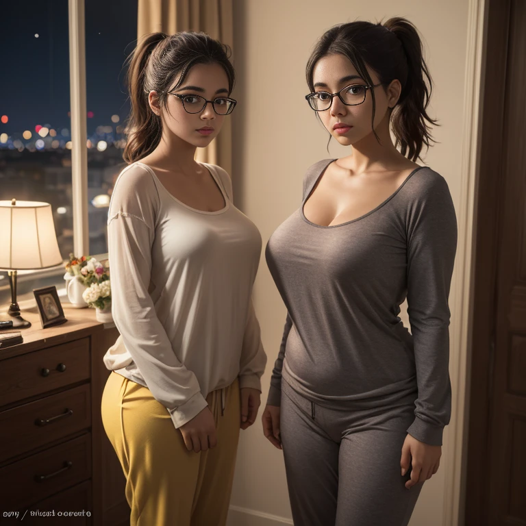 nsfw two naked girls, young body, young face, light skin Tanzanian girl, seductive smile, , naked, necklace, earrings, current fashion, pony tail, detailed facial details, perfect face, sharpness, trendy art, sharp facial details, hair highlights, open legs, showing vagina, executive office, hair pulled back, heels, black dress, glamour makeup, glasses, selfie