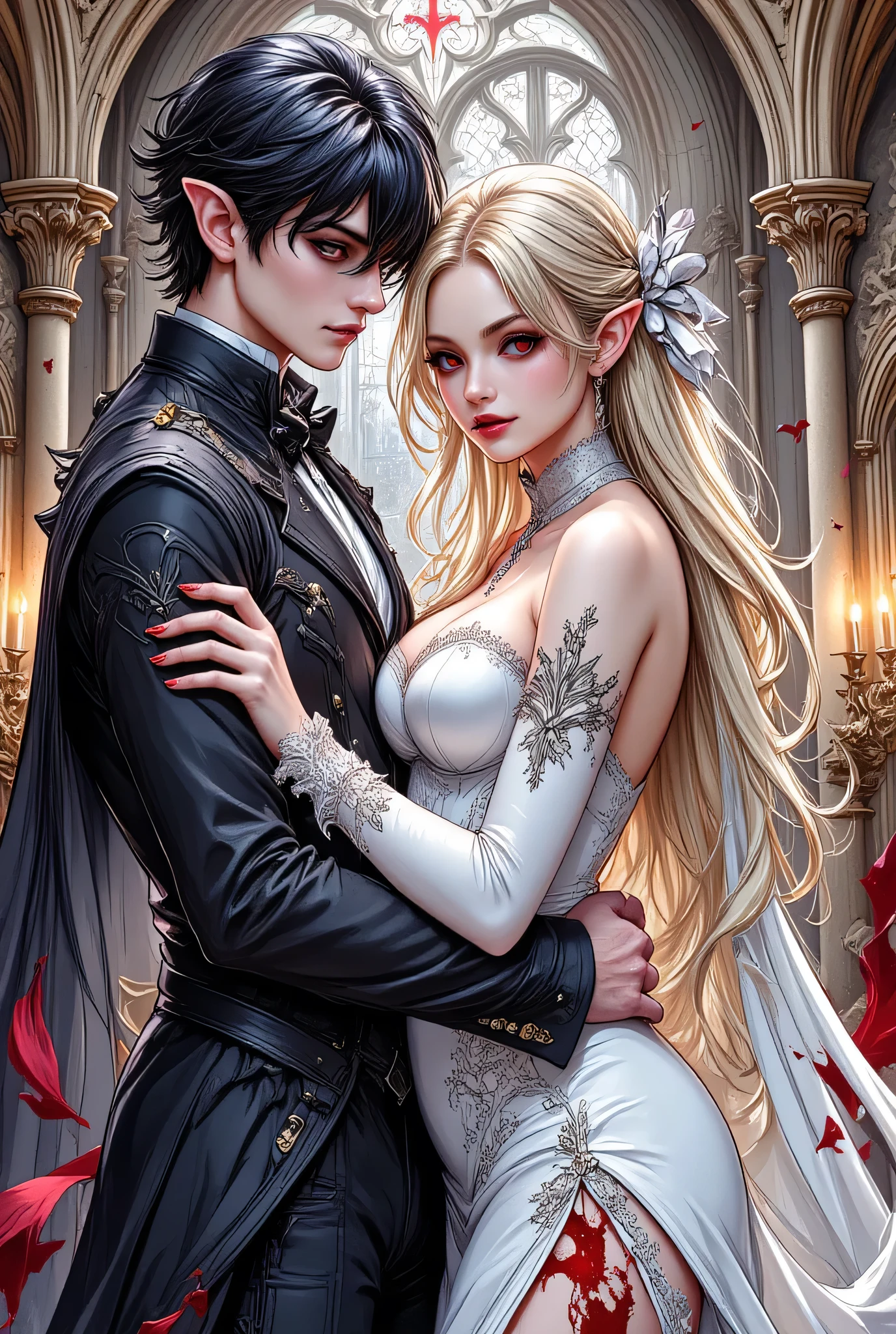 an epic comic art painting, watercolor masterpiece art of a female vampire bride and a groom hugging in church, a female vampire, white leather dress, tight dress, intricate dress, blood stains,   high heels, dynamic color dress, pale skin, best details beautiful face. she smiles an evil grin, red eyes, (glowing eyes: 1.2), ready to bite, dynamic hair color, busty, small cleavage, long  hair,  wavy hair, BREAK, a male groom, nice looking man ,dynamic hair color,  best details beautiful face, hugging in church, dynamic lightning, church background, vibrant, Ultra-high resolution, High Contrast, (masterpiece:1.5), highest quality, Best aesthetics), best details, best quality, highres, ultra wide angle, 16k, [ultra detailed], masterpiece, best quality, (extremely detailed), hyp3rd3tail style, ArsMJStyle, aidmanijiv6