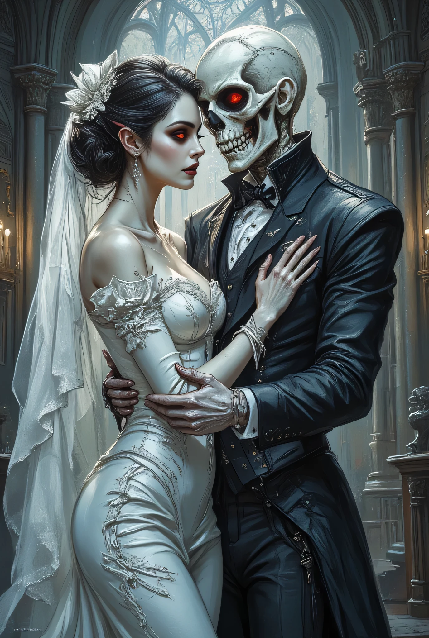 an epic comic art painting, watercolor masterpiece art of a female vampire bride and a skeleton groom hugging in church, a female vampire, white leather dress, tight dress, intricate dress, blood stains,   high heels, dynamic color dress, pale skin, best details beautiful face. she smiles an evil grin, red eyes, (glowing eyes: 1.2), ready to bite, dynamic hair color, busty, small cleavage, long  hair,  wavy hair, BREAK, a male skeleton groom, dynamic hair color,  best details beautiful face, hugging in church, dynamic lightning, church background, vibrant, Ultra-high resolution, High Contrast, (masterpiece:1.5), highest quality, Best aesthetics), best details, best quality, highres, ultra wide angle, 16k, [ultra detailed], masterpiece, best quality, (extremely detailed), hyp3rd3tail style, ArsMJStyle, aidmanijiv6