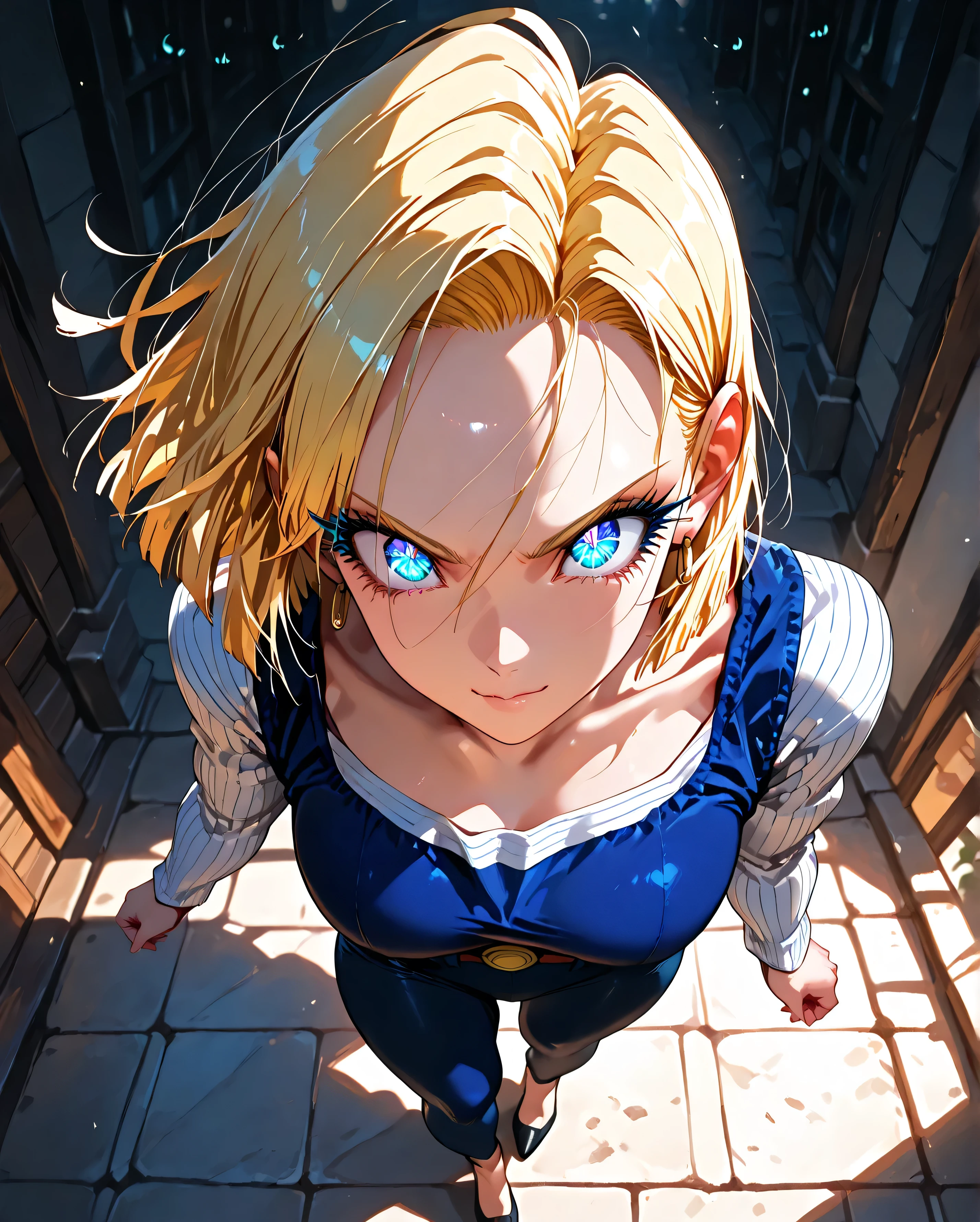 (masterpiece, best quality, ultra-detailed, perfect eyes, sharp details, intricate iris, expressive eyes, clear pupils, beautiful eyelashes, deep gaze, cinematic lighting, hyper-detailed), (perfect curves, attractive outfit, well-defined body, smooth skin, ultra-detailed hair, expressive eyes, full body),
Android 18, blue eyes, short blonde hair, seducing, perfect eyes, intricate iris, clear pupils, common casual situation