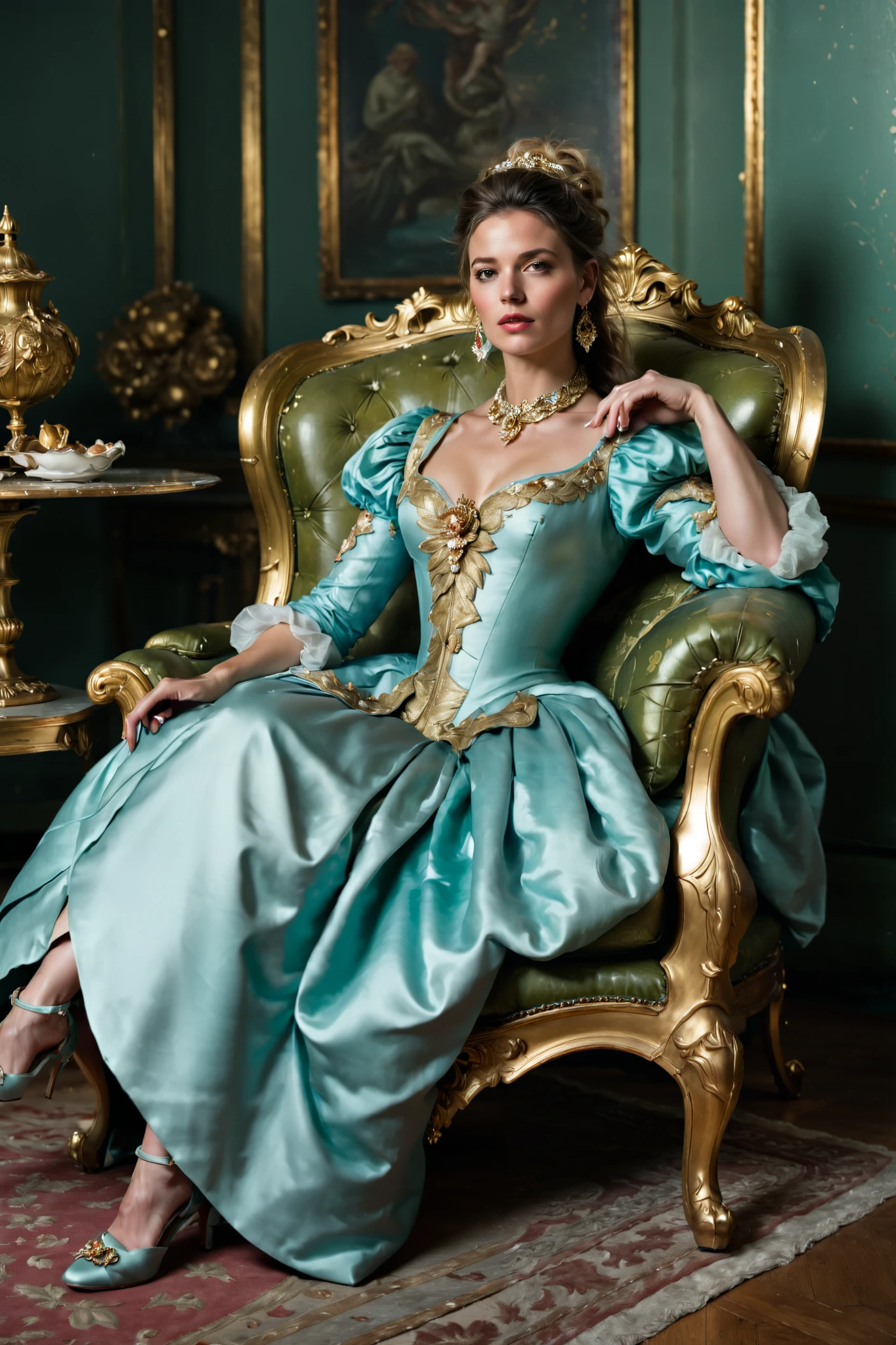 the full pose of an elegant rococo woman , gracefully sitting on a luxurious baroque sofa on a luxurious rococo phone : Masterpiece , Exquisitely crafted, baroque and rococo , , merging artistic styles , The inspiration of Andre-Charles Bull's jewellery , still life with bright colors , the scrupulous details of Rachel Ruysch , , realistic compositions by Ambrosius Boschart , the graceful figures of Francois Boucher , and the sensual scenes of Honore Fragonard unfold . beautiful women, magnificently dressed , gracefully sits on a luxurious rococo phone on a baroque sofa , framed on a luxurious rococo phone . exquisite decoration on an artfully designed sofa shines with rich colors and gold accents, , while elegantly