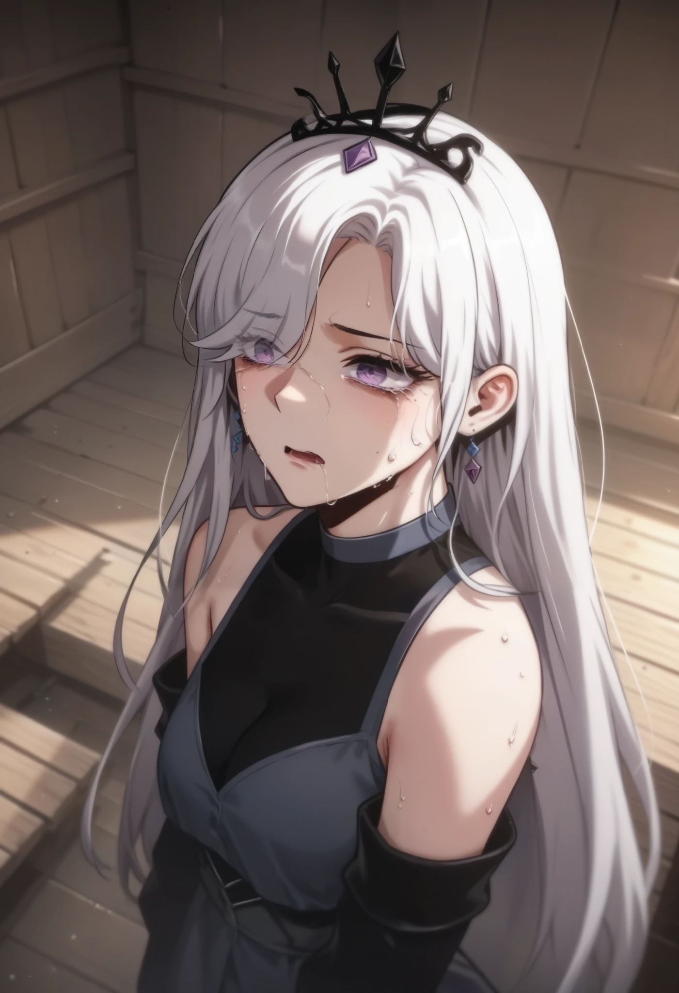 1girl, solo,long hair, white hair, purple eyes, bare shoulders, mole under eye, bangs, hair over one eye,earrings, tiara, crown, hair ornament, (((sweat, cabin, closeup, dominant, lookin on viever from above, panicking, worried, rape face, sobbing)))