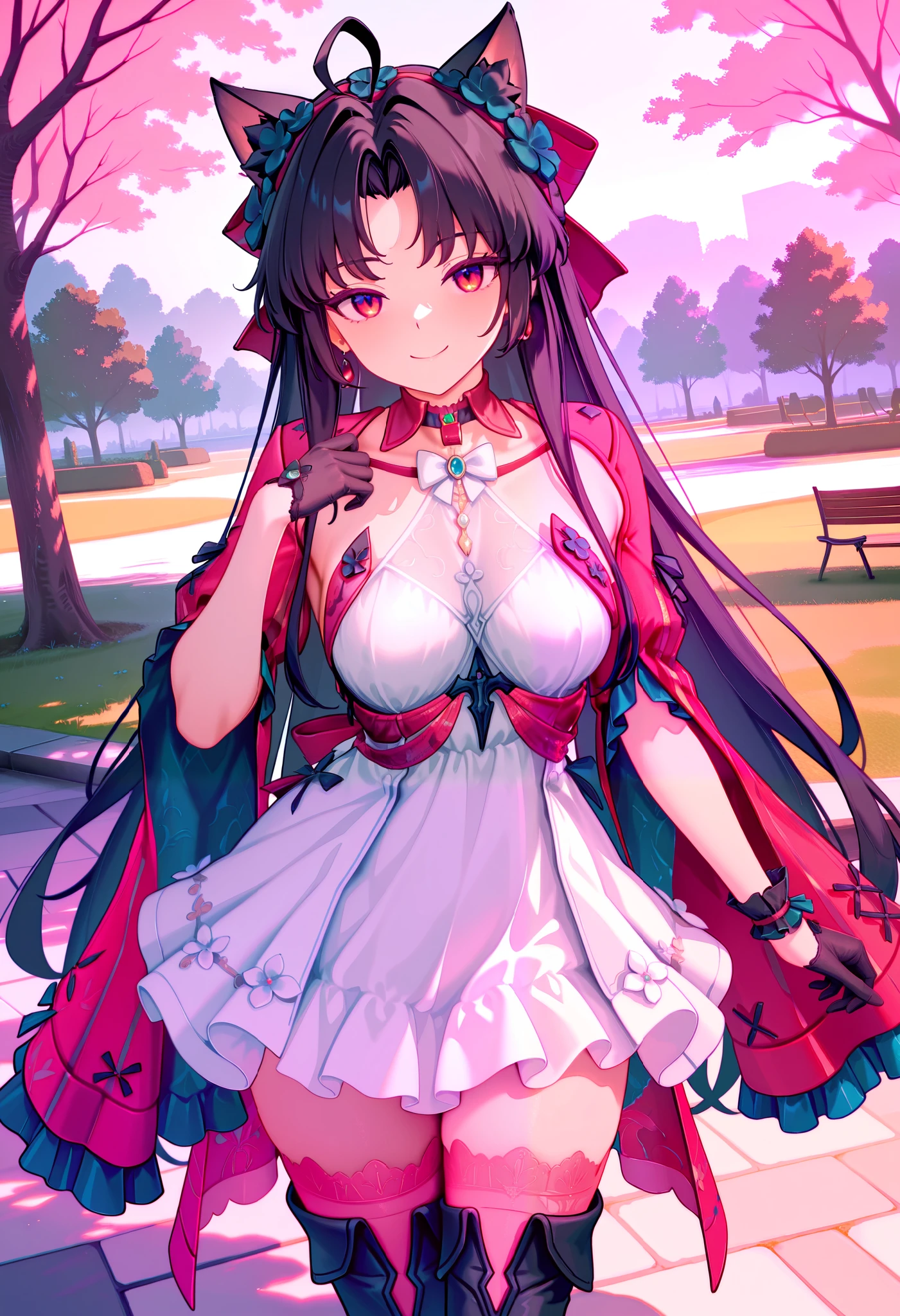 masterpiece, best quality, amazing quality, very aesthetic, absurdres, best quality, newest,
park, ((simple white matte color background)), cowboy shot, smile, standing, looking at viewer, medium breasts,
carlottavp2, 1girl, solo, black hair, long hair, parted bangs, red eyes, cat ears, dress, very long hair, gloves, black gloves, hair ornament, flower, ahoge, bow, white dress, pink thighhighs, collarbone, bare shoulders, jewelry, boots, hair bow, half gloves, sidelocks, gradient eyes, red eyes, hairband, long sleeves, multicolored eyes, parted bangs