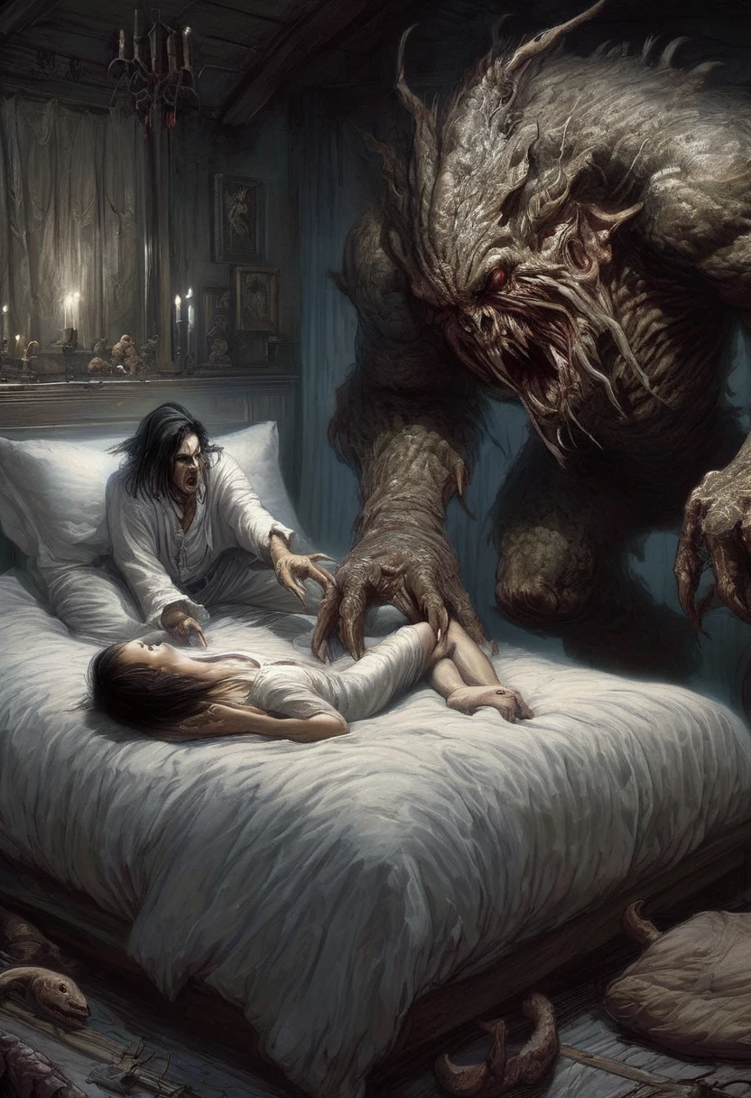n a dimly lit bedroom, with only a soft, faint light from the bedside lamp casting a warm glow, a young woman is lying on her bed, deeply asleep. She is dressed in a delicate pink nightgown, with the fabric gently draped over her relaxed form. The atmosphere is peaceful yet eerie, as shadows play across the room. In her dream, a terrifying demon with a grotesque, green face and wild, unkempt hair appears. The demon has an unnervingly long tongue that is extended out towards the woman's head, as if about to lick her. The creature's presence is menacing, creating a chilling, horror-filled scene. The overall mood is one of intense fear and unease, capturing the essence of a nightmare that feels all too real.