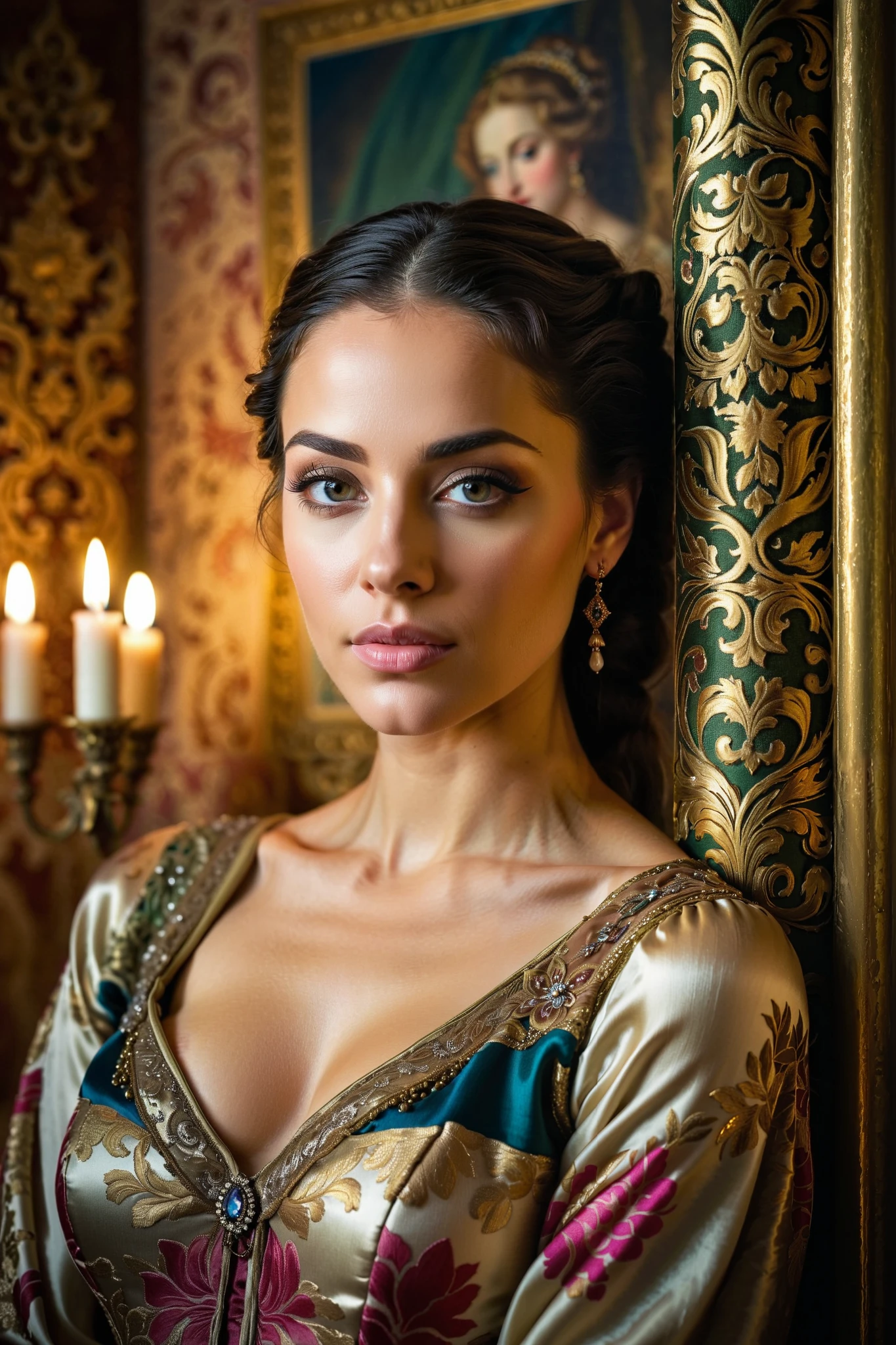 In a candlely-lit room , air adorned with opulent tapestries , (, a portrait of a woman waiting for her lover with lust in her seductive eyes ), her anticipation is palpable in the , with perfect eyes , detailed skin, perfect face, , the scene is depicted in a romantic , style, Renaissance inspired , capturing a woman's expressive pose and elaborate details of her surroundings with close attention to composition and texture