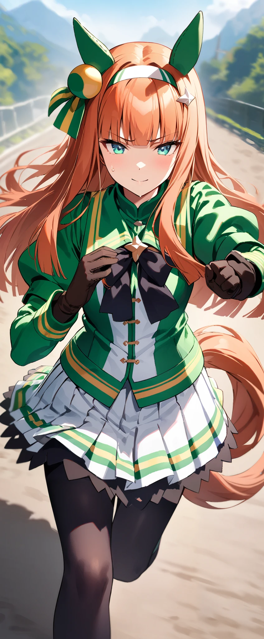 best quality 、masterpiece、 1 girl、 Silence Suzuka、Uma Musume、smile、 long hair、 animal ears 、 ear covers、 white hair band、(( tea hair))、 horse tail、 green sailor color、 black ribbon、 white shirt、 layered sleeve 、Green Sleeves、 black gloves、 white skirt、 black pantyhose 、Outdoors、run、 full speed、Desperate、Serious face、Flowing sweat、 running pose , full speed