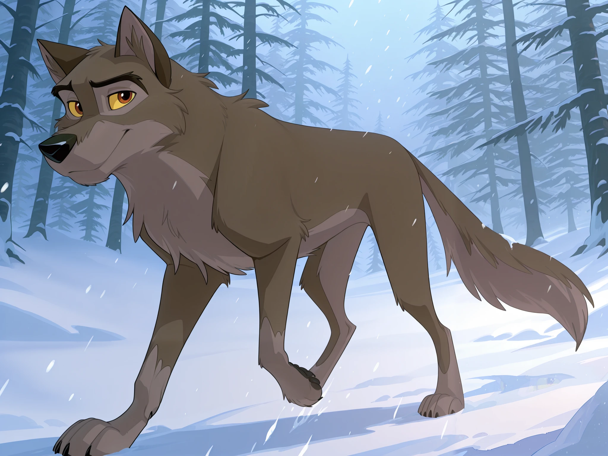 score_9, score_8_up, score_7_up, source_furry, source_furry, baltotwd, wolfdog, balto, yellow sclera, solo, feral, full body, snowing, forest, masterpiece, best quality, amazing quality, absurdres, newest,, high res, ultra detailed, best quality, best artwork, detailed eyes, (eyes focus), perfect eyes, big iris, pupils visible, 4k, ultra quality, perfect face