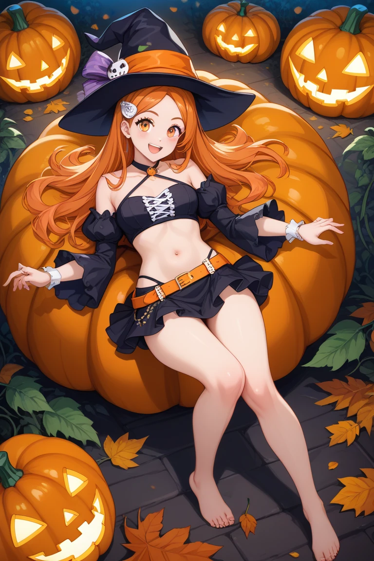 (top-quality、in 8K、32K、​masterpiece、nffsw、超A high resolution、Impresionismo、Photorealsitic:1.2)、Colossal tits、cowboy  shot、Magic Pose、 detailed faces and eyes、 nightcity、Dim Street Lights、A jack-o'-lantern is placed on the road、Halloween Costumes、Clown makeup for a beautiful girl 16 years old、beauitful face、blurry backround、16-year-old beautiful girl、shinny skin、Medium Hair、beautiful orange hair、Blunt bangs、Black eyes、(Clown clothes:1.2)、Clown clothes、flered skirt、knee high、Clown shoes、Curve、(Panties are visible:1.2)、Smile with open mouth、juggler