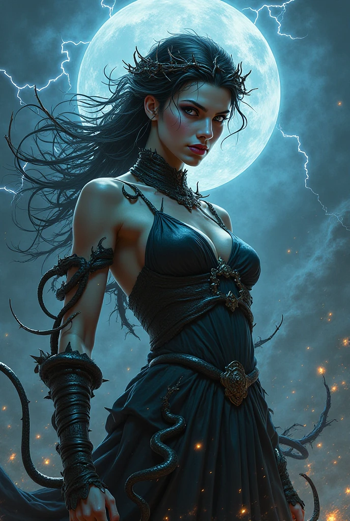 1970's dark fantasy heavy metal disc cover. teen natalie portman as a dark priestess girl. gentle smile. (Moon night desolation). freckles. slender and beautiful. intricate detail.