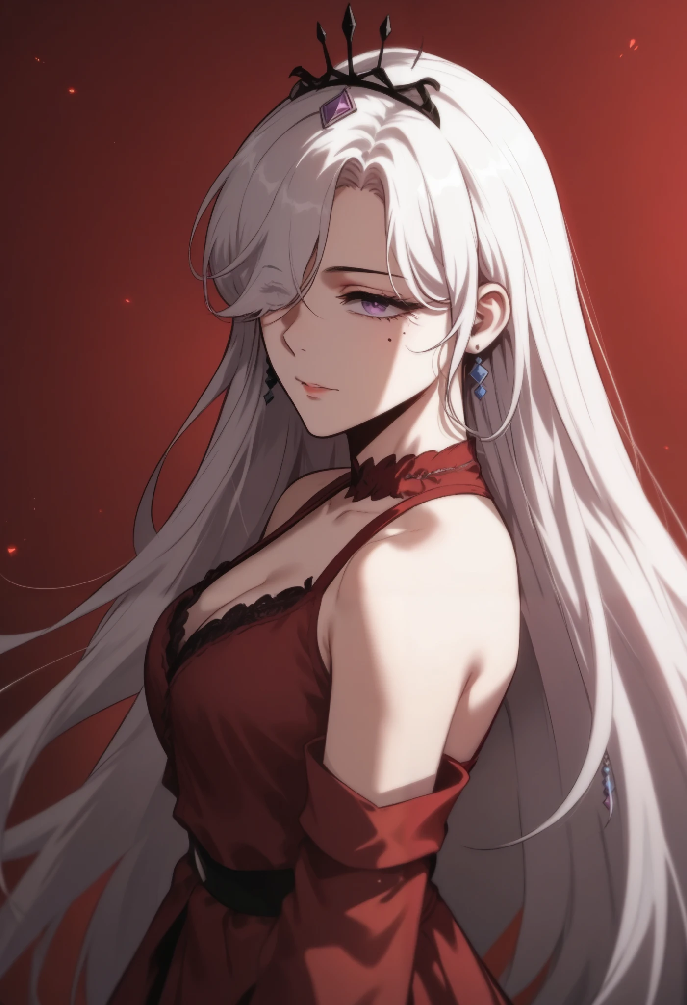 girl, solo,long hair, white hair, purple eyes, bare shoulders, mole under eye, bangs, hair over one eye,earrings, tiara, crown, hair ornament,((((red skirt,red blouse))))