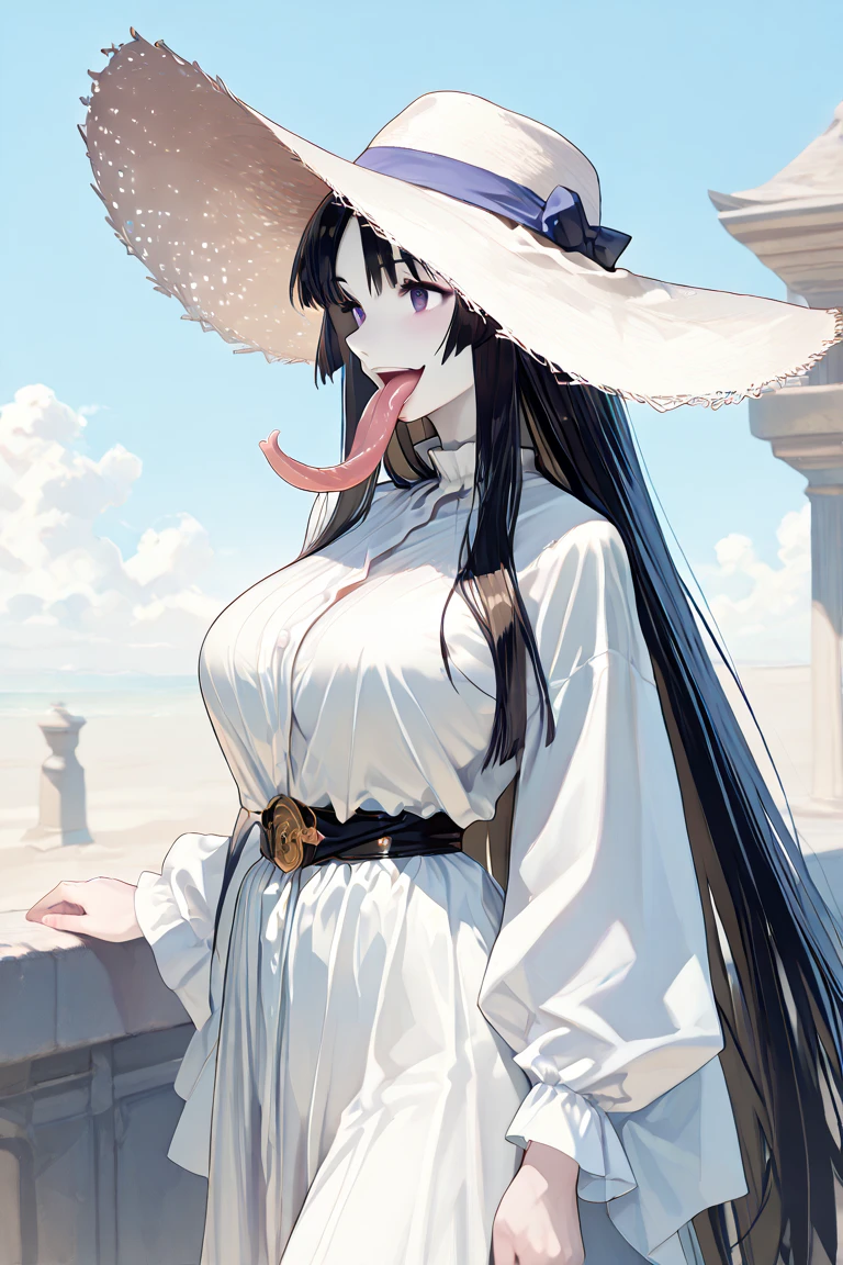 holding a white mask,drooling,sweat on body, full-face blush,corruption,Sparkling eyes, looking at viewer, (happy, smirk,smug, teeth,smile ), White_nightgown,see-through, heavy breathing,long hair,Young woman sitting and waiting for her boyfriend to stare at the camera, kind smile, emerald green eyes, white shawl, shirt white formal coat, black tights, (masterpiece),(best quality),extreamly delicate and beautiful,(realistic:0.5), high quality, 1girl, solo,solo_focus