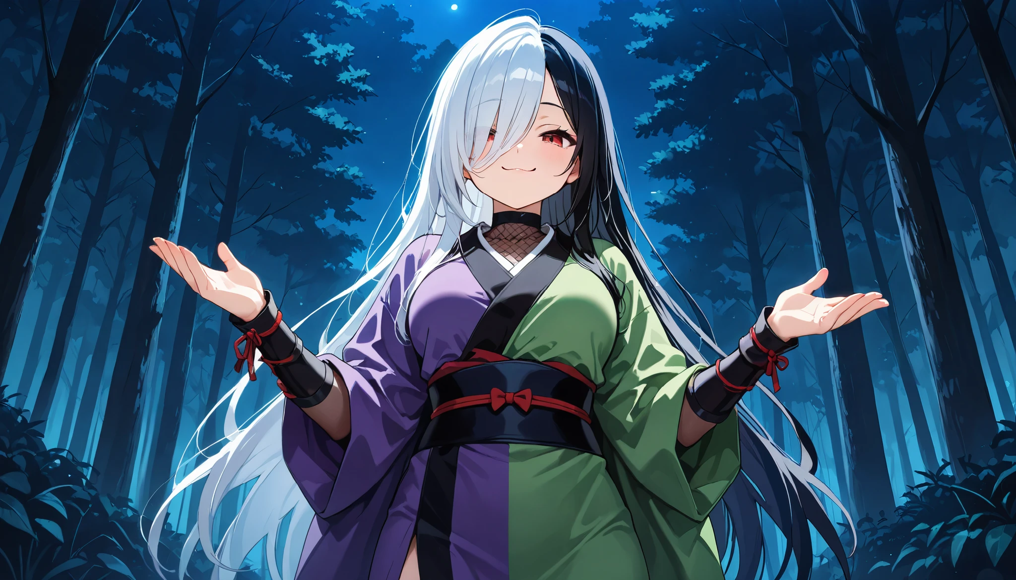masterpiece, best quality, amazing quality, very aesthetic, high resolution, newest, hyper-detailed, game cg, ninja, kunoichi, split-color hair, white hair, black hair, shrugging, split-color kimono, purple kimono, green kimono, red eyes, hair over one eye, smug, solo, night, long hair, very long bangs, forest