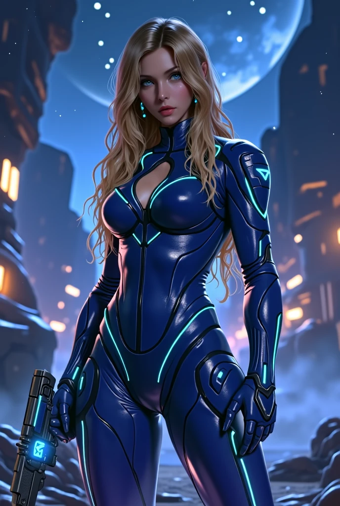 Beautiful young woman with large breasts and ideal figure, muscular, wearing (night camo)_high cut latex bodysuit, utility belt, holster, futuristic pistol, intricate armor, holster, lush long blonde hair, futuristic city, explosions, chaotic night, rain, highly detailed face and intricate details, 8k, photorealistic, cinematic lighting, dramatic shadows, vibrant colors, cyberpunk, neon, advanced technology, advanced weaponry, surreal, masterpiece
