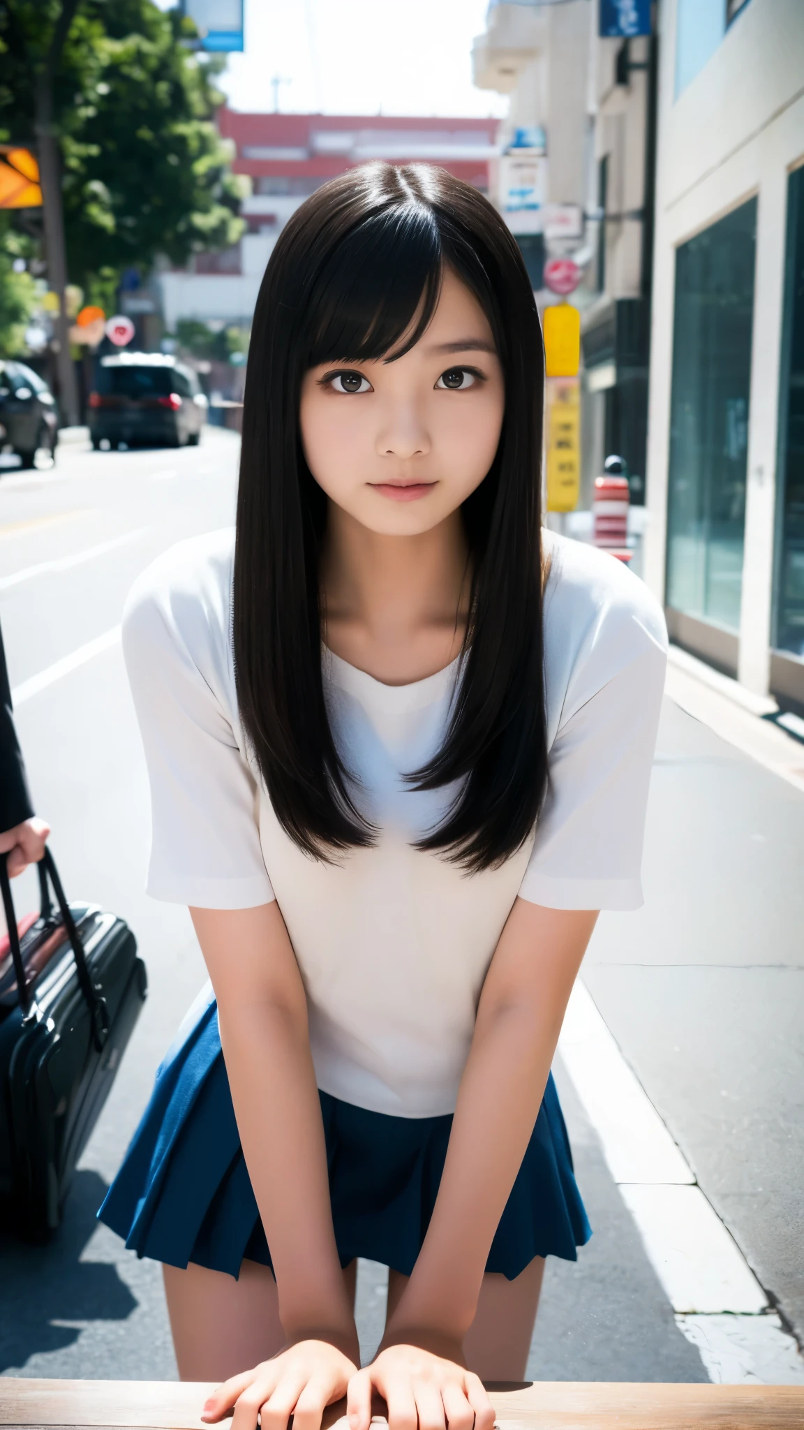 (( Masterpiece, top quality, Hi-Res)), Japanese high school girl 、( by Nomi: 1.4), excited、great face, sharp mouth、With a pout、Glossy wet lips、(, Young Face), ( st :1.3, beautiful hair:1.5), slender body line、 white down jacket、((Beautiful girl rolling up a very short miniskirt:1.2))、skirt lift, beautiful body、 beautiful thin thighs、 beautiful legs、Beautiful breasts、 bustling downtown 、 Frontal Angle、 smooth, high definition CG synthesis 8K wallpaper, Hi-ResのRAWカラー写真, professional photo shoot, light, Backlight, Impressive, depth of written boundary , ( detailed hands, perfect right hand)