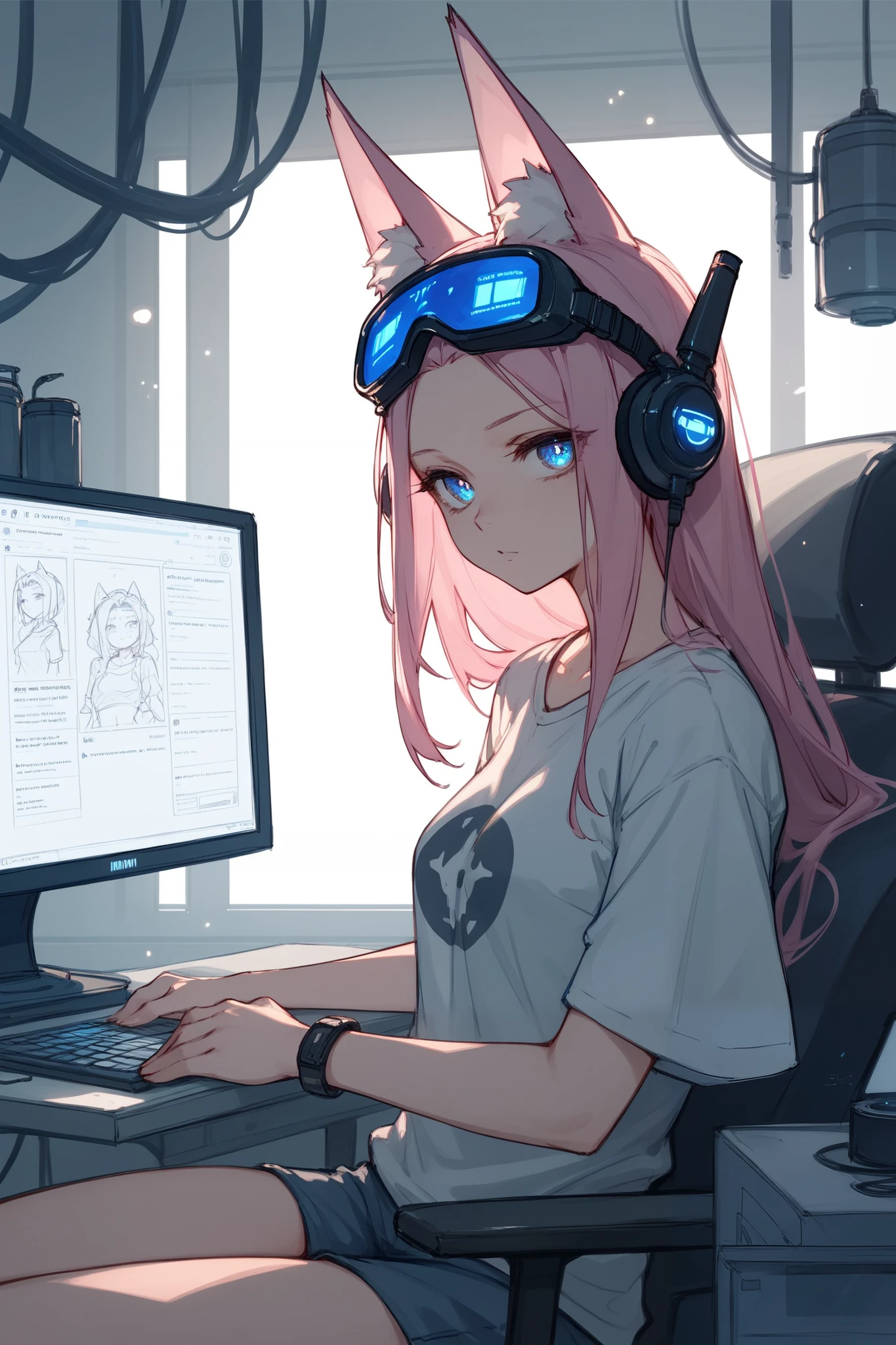 <lora:kemekomm-nvwls-v1:0.8> kemekomm, 1girl, pink hair, long hair, ahoge, white bodysuit, white gloves, cute, big eyes, large breasts, messy hair,  <lora:gaming room:0.8> gaming-room, gaming chair, monitor, computer, playing games, headphones, on chair, game controller, holding game controller, headphones, from side