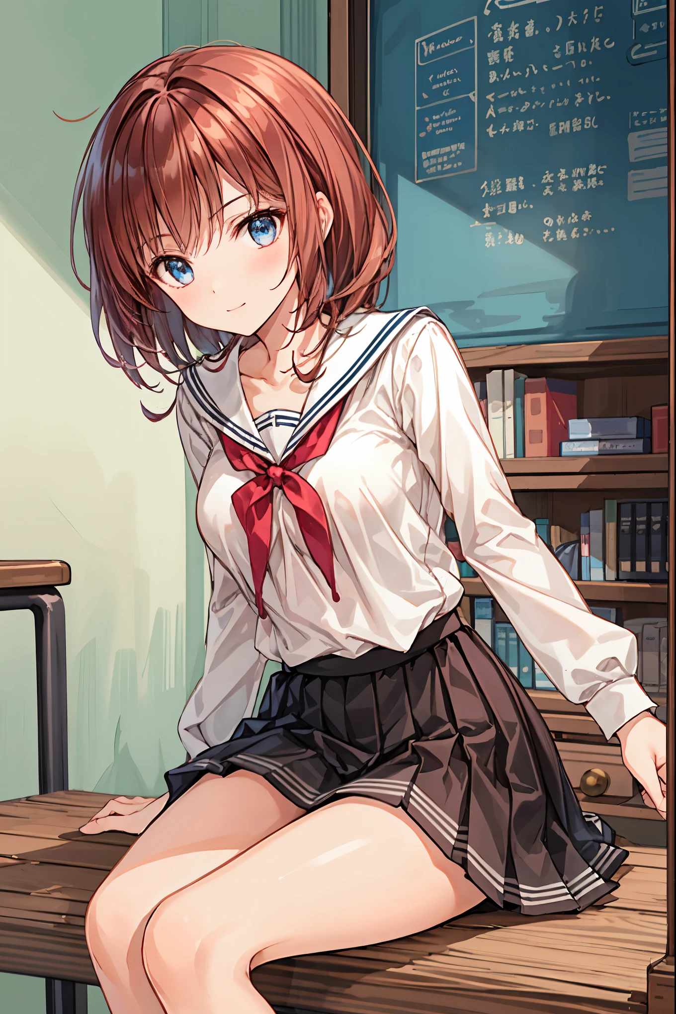 blunt bangs, Hime Cut, Swift Bangs, NFFS, retina, Masterpiece, accurate, textured skin, super detailed, 解剖学的に accurate, Advanced Details , high quality, Hi-Res, 最 high quality , cute, beautiful age girl , blunt bangs, curly hair, turn my arms around my back , clavicle, thigh thigh thigh thigh , school uniform, , Small Boobs, wondrous, Hair, shortcuts, unkempt hair,Short braided hair,Neat, slender beautiful woman, correct posture,Small chest, beautiful legs, enchanting gray-blue eyes shine like stars, droopy eyes , vibrant colors, beautiful eyes,A delicate smile,Textured Skin, Best Quality at its Best , gentle and beautiful woman , anime style、