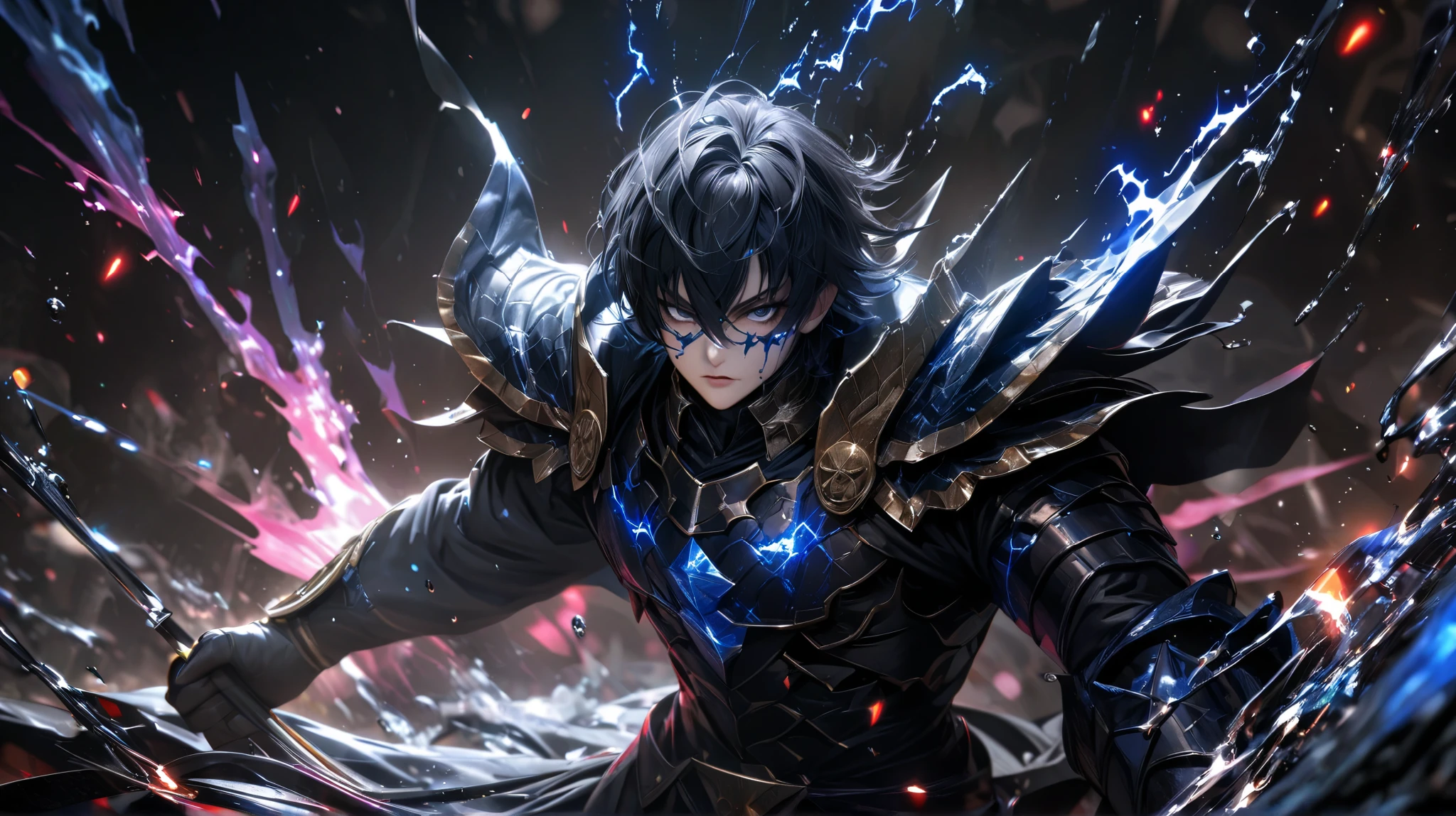 High quality, ultra realistic,absurdres, highres, ultra detailed, HDR, masterpiece, extremely detailed face and eyes, Sagitarius Seiya, Saint Saiya , Dark Armor, solo, ,man, handsome, ,white eyeleshes, black eyes , villain expresion, black splashing effect, dark black lightning effect,glowing glitters , symetrical , black aura