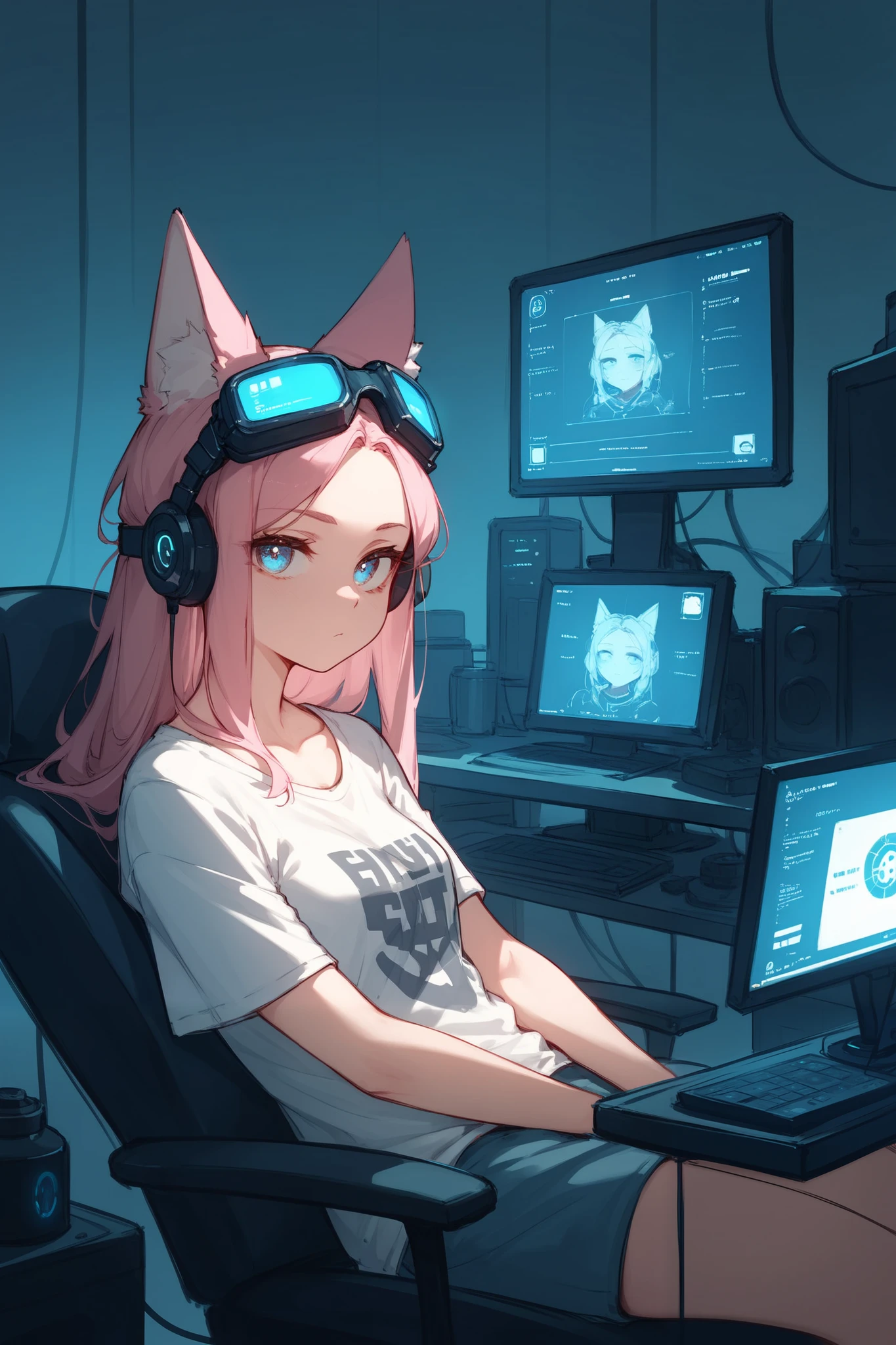 Anime girl sitting in a chair with headphones on and a laptop - SeaArt AI