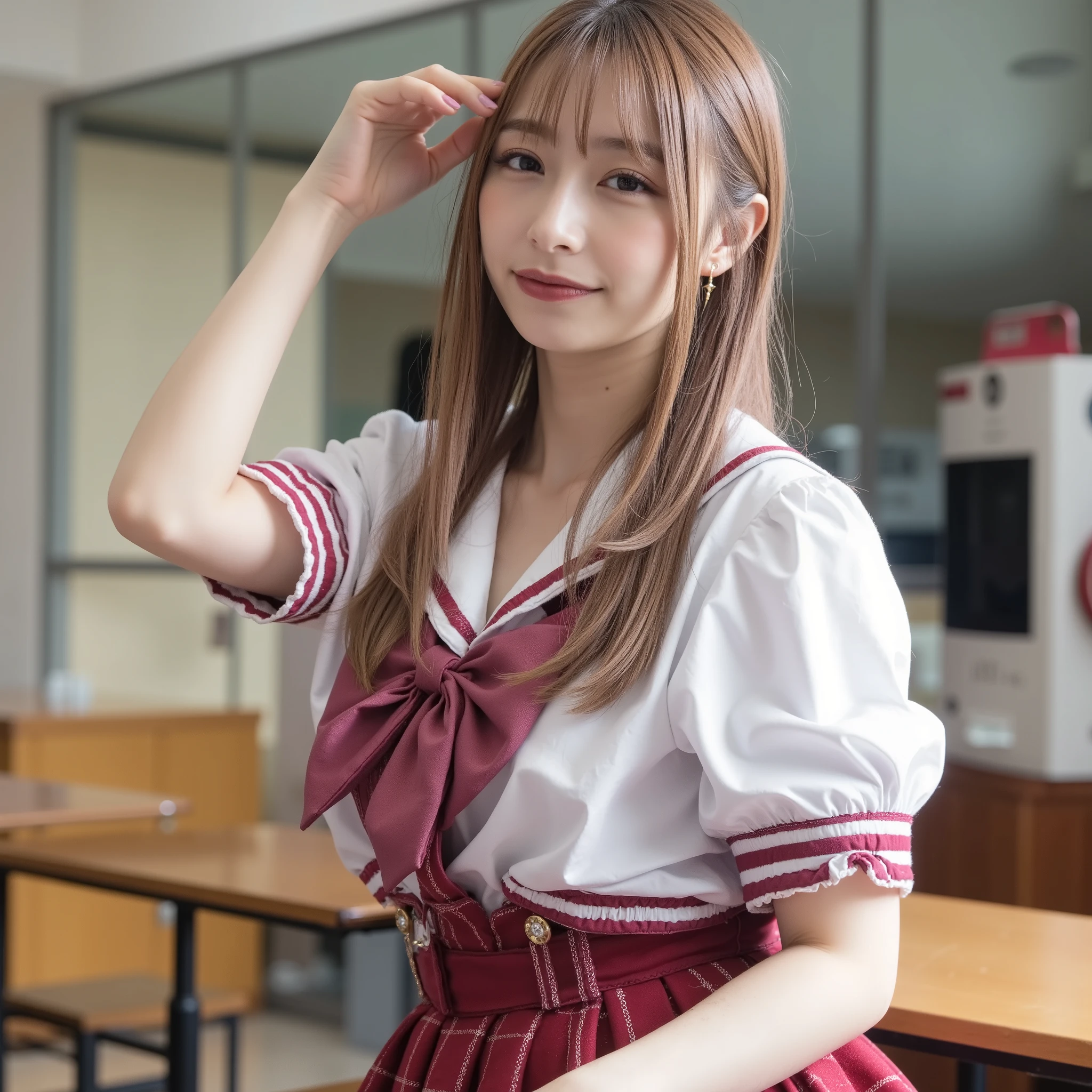 ((((( high school girl、 school uniform)))))、smile、( long hair:1.5), upper body, school classrooms、、 big breasted 、 plump breasts、 sexy pose with skirt on top