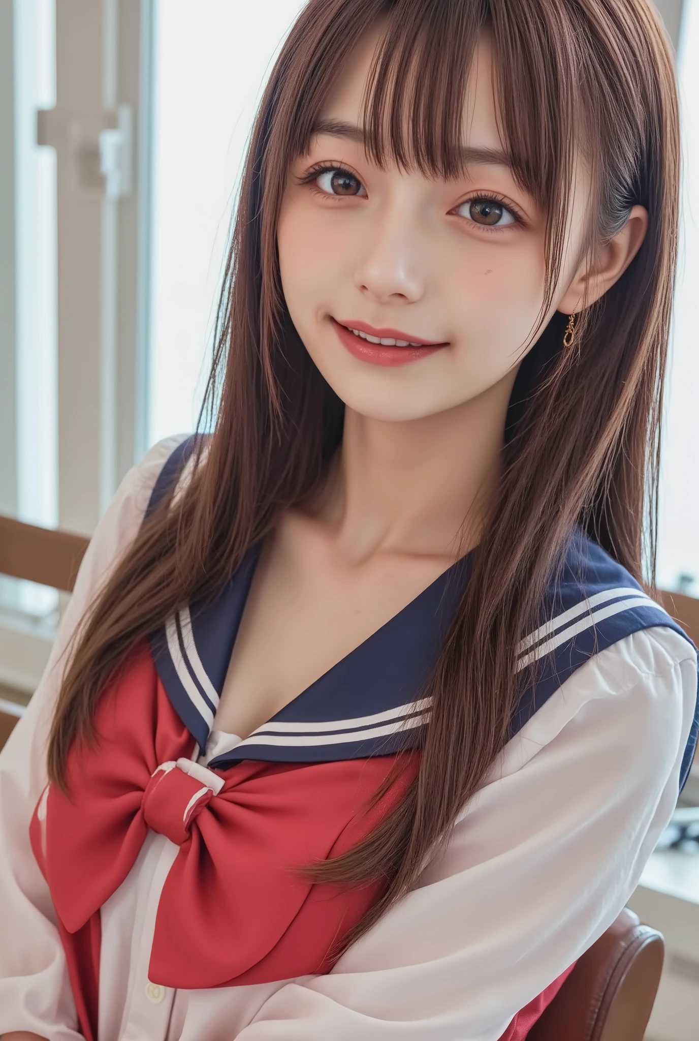 ((((( high school girl、 school uniform)))))、smile、( long hair:1.5), upper body, school classrooms、、 big breasted 、 plump breasts、 sexy pose with skirt on top
