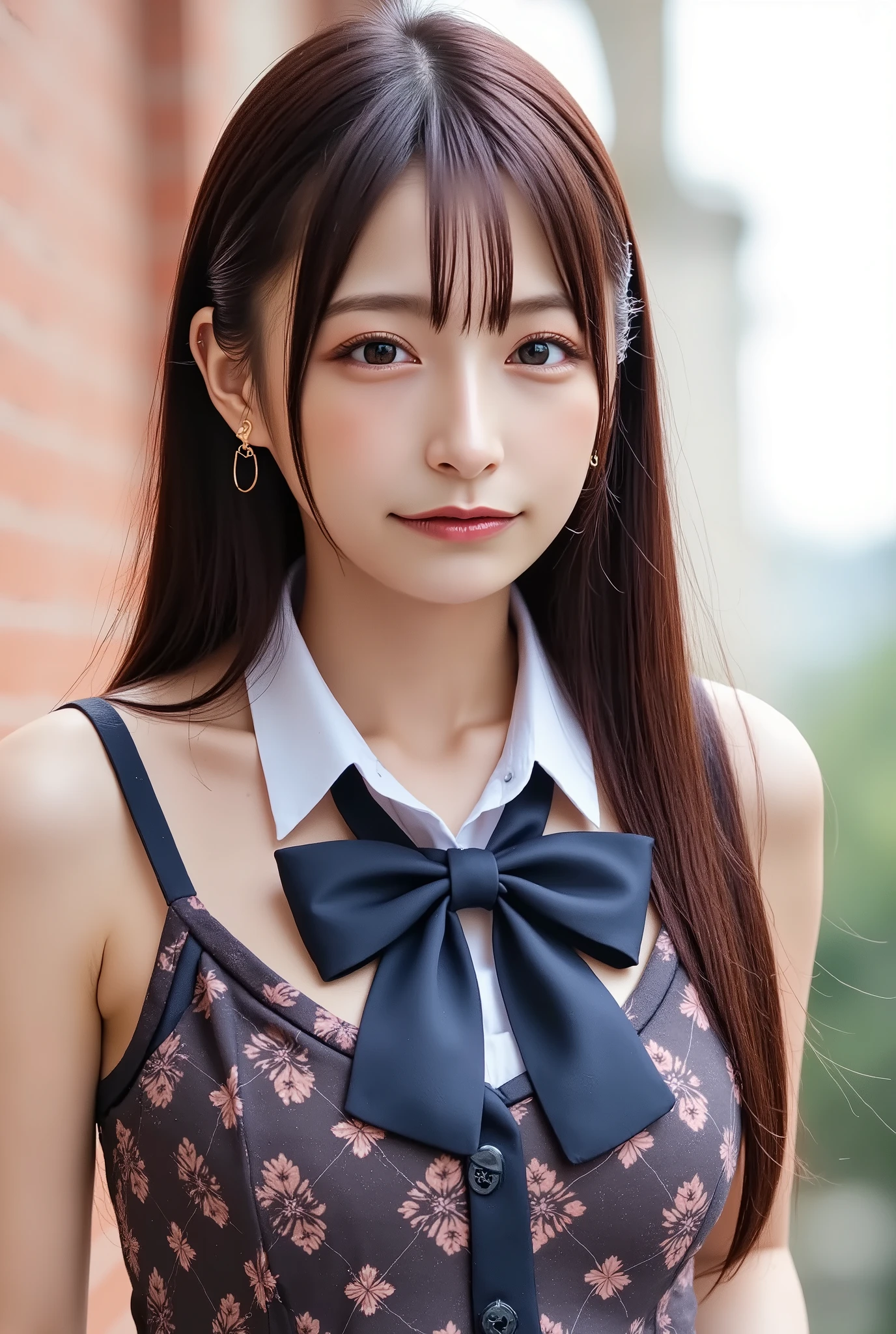 ((((( high school girl、 school uniform)))))、smile、( long hair:1.5), upper body, school classrooms、、 big breasted 、 plump breasts、 sexy pose with skirt on top