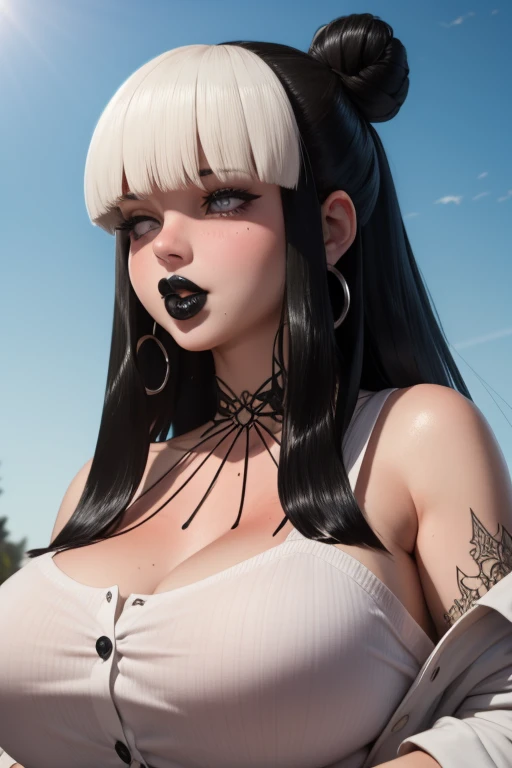 masterpiece, best quality, <lora:gothmom-nvwls-v1-000009:0.9> gothmom, multicolored hair, hair over eyes, black dress, bare shoulders, cleavage, huge breasts, looking at viewer, black lipstick, night, autumn, house, upper body, smile, standing