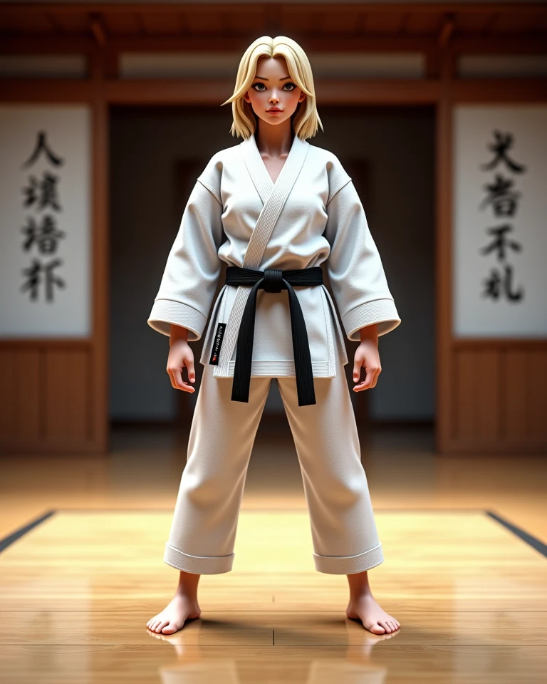 Create a realistic image of a 20 year old woman, long blond hair, blue eyes, cheekbones, ((full body)), Dressed in judo outfit, black belt, doing a hold (Ippon seio Nage), background image: a judo room (a dojo) with lots of mats and tatami, head to toe, full body, hyper realistic photo
