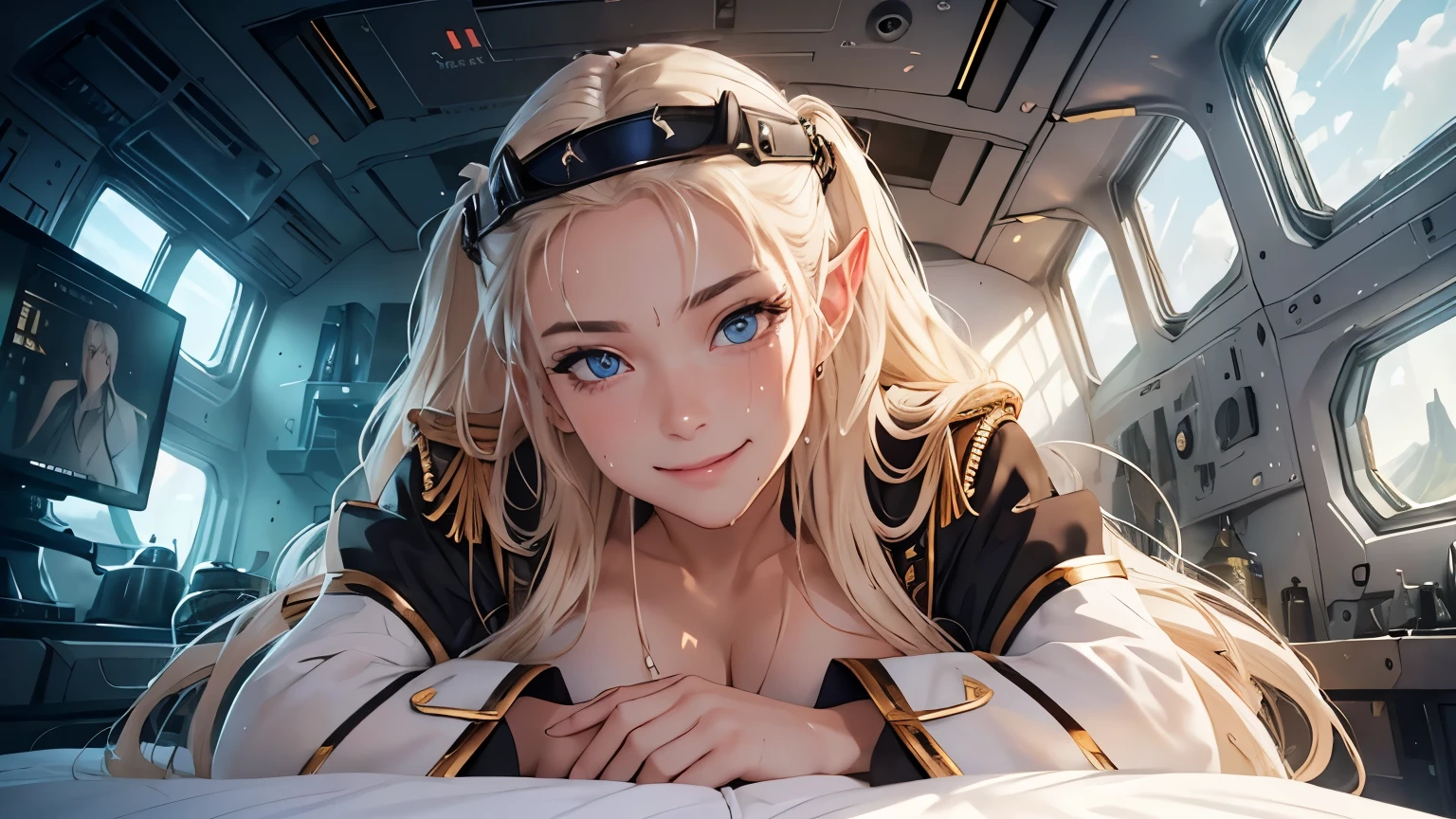 masterpiece, Highest quality, Highly detailed CG Unity 8k wallpaper,((whole body)), ((Bedroom inside the spaceship)), (Long pointed ears), Elegant long wavy platinum blonde hair, ((Average chest, Self-illuminating skin)), ((A revealing black-on-white military uniform)), ((Lie on your back, With legs apart, Genitals are visible)), (Sweaty and wet white skin), (Mechanical Circlet), (blush), , (Captivating smile), A cute, symmetrical face, Detailed eyes, Key Art, Awards, intricate detail realism hdr, Photorealism, Hyperrealism, Ultra-realistic, Dramatic Light, Strong Shadows, Nice views, Depth of written boundary