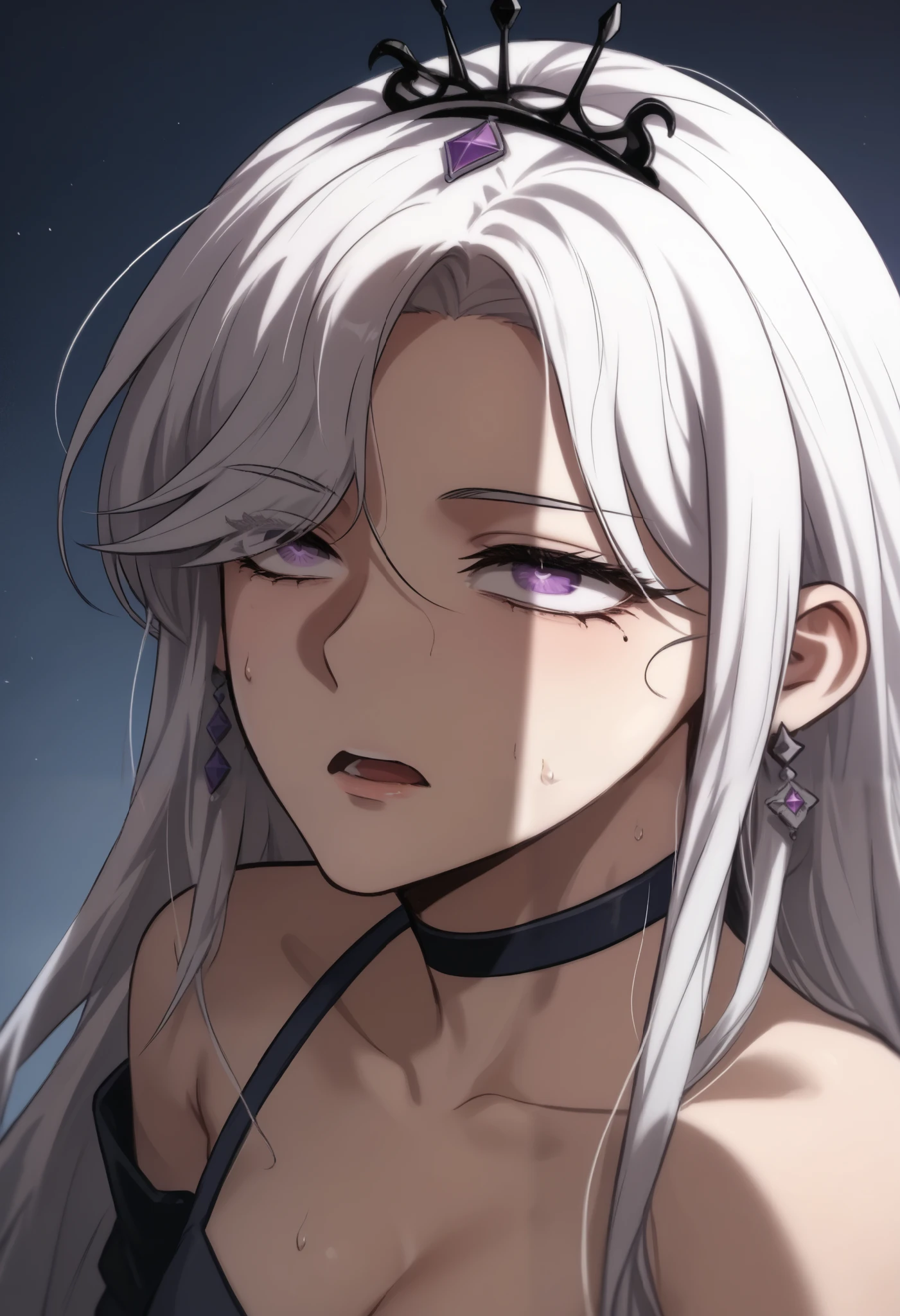 girl, solo, long hair, white hair, purple eyes, bare shoulders, mole under eye, bangs, hair over one eye, earrings, tiara, crown, hair ornament,looking up,teriffied,scarred,open mouth,sweat,looking up,naked,pensh shadow on face,shiver,shippshadow, penis shadow, silhouette, penis awe,