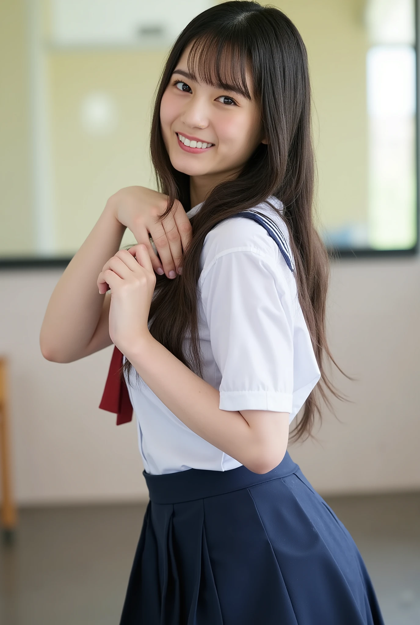 ((((( high school girl、 school uniform)))))、smile、( long hair:1.5), upper body, school classrooms、、 big breasted 、 plump breasts、 sexy pose with skirt on top