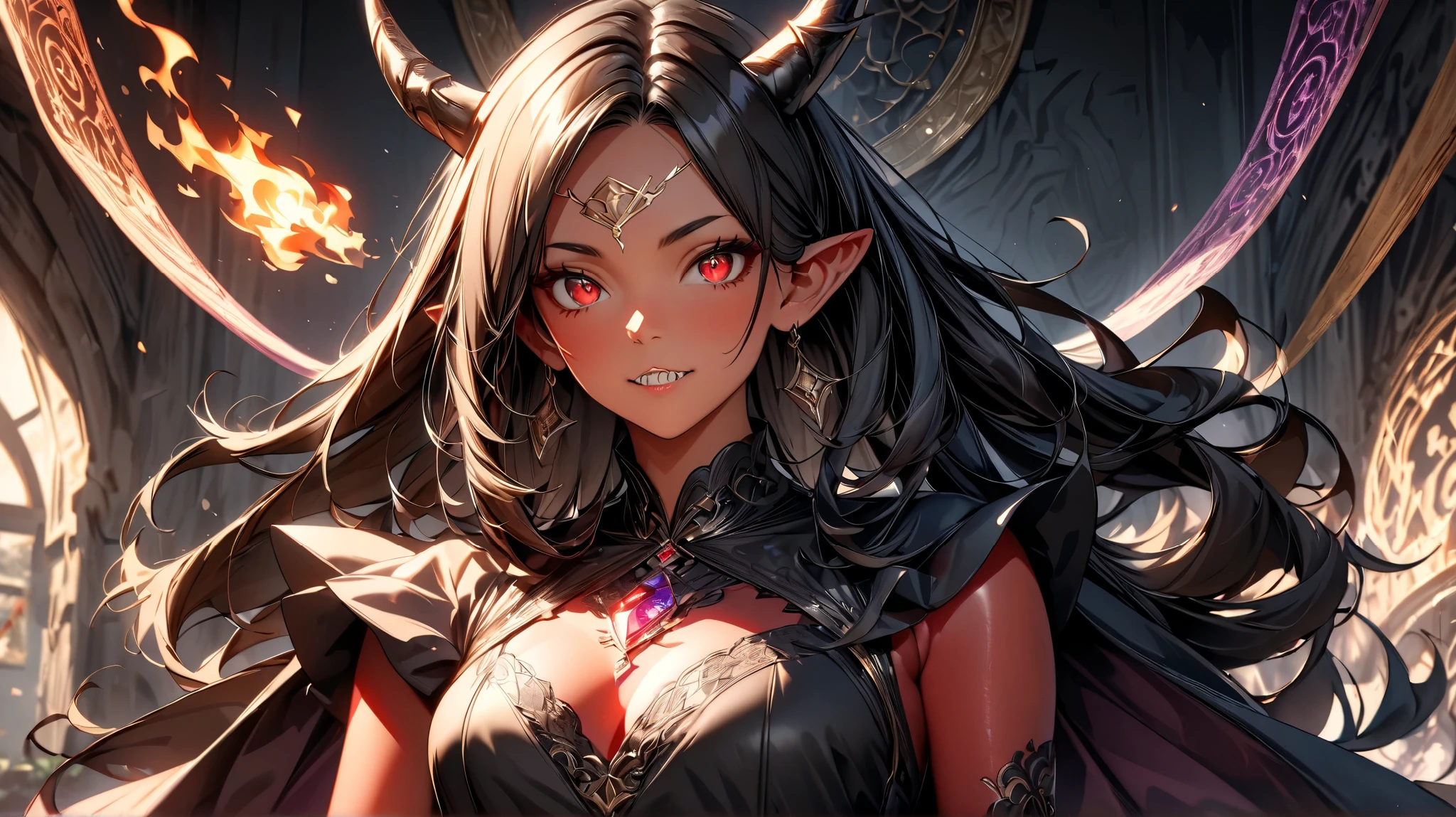 ((Finest quality)),(超A high resolution),(ultra-detailliert),(Meticulous portrayal),((best pictures)),(Finest works of art),Ultra-Precision Art,The art of astounding depiction, (One Demon Woman:1.5),Two horns extending from the forehead,makeup,