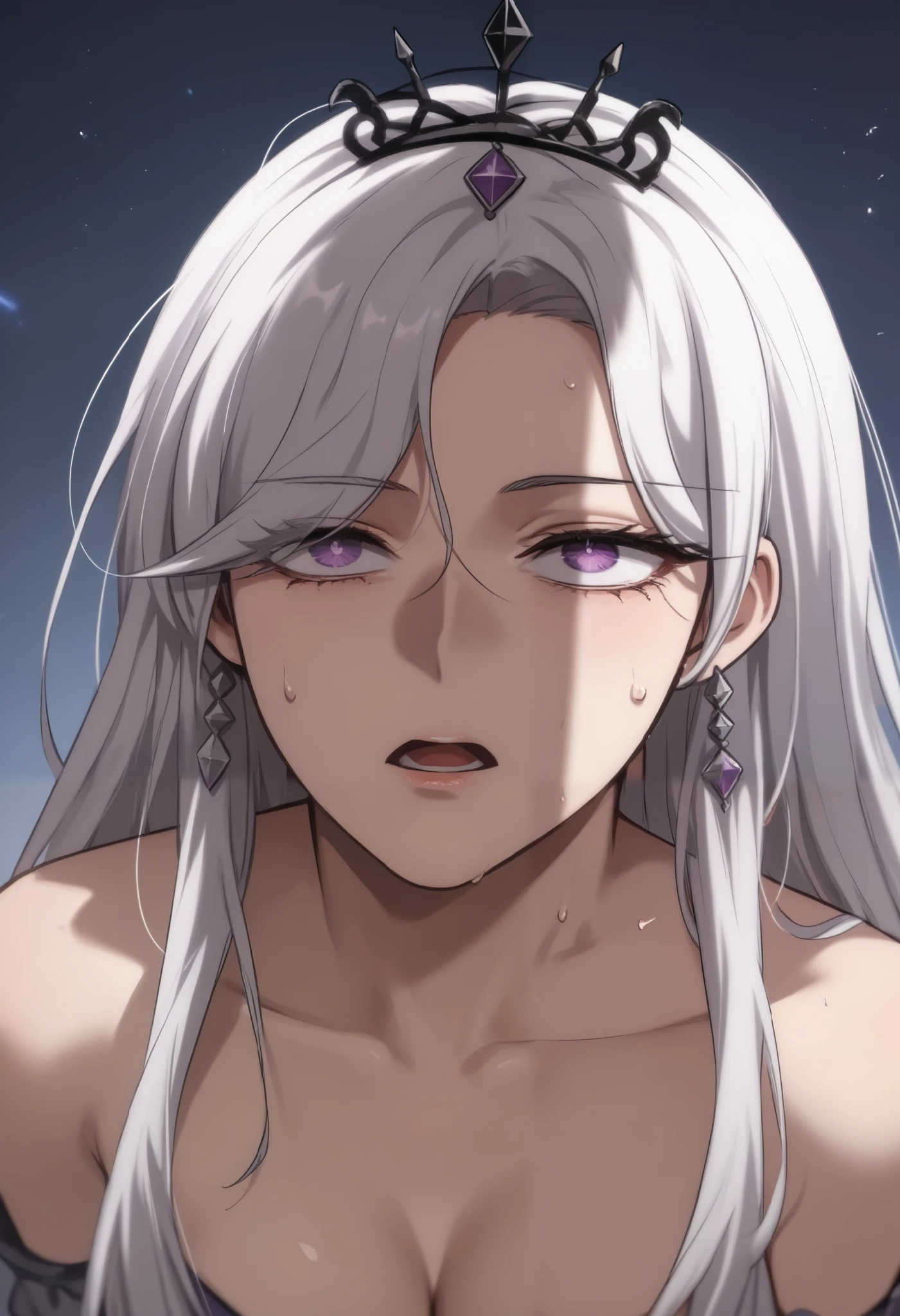 girl, solo, long hair, white hair, purple eyes, bare shoulders, mole under eye, bangs, hair over one eye, earrings, tiara, crown, hair ornament,looking up,teriffied,scarred,open mouth,sweat,looking up,naked,pensh shadow on face,shiver,shippshadow, penis shadow, silhouette, penis awe,kneel,naked