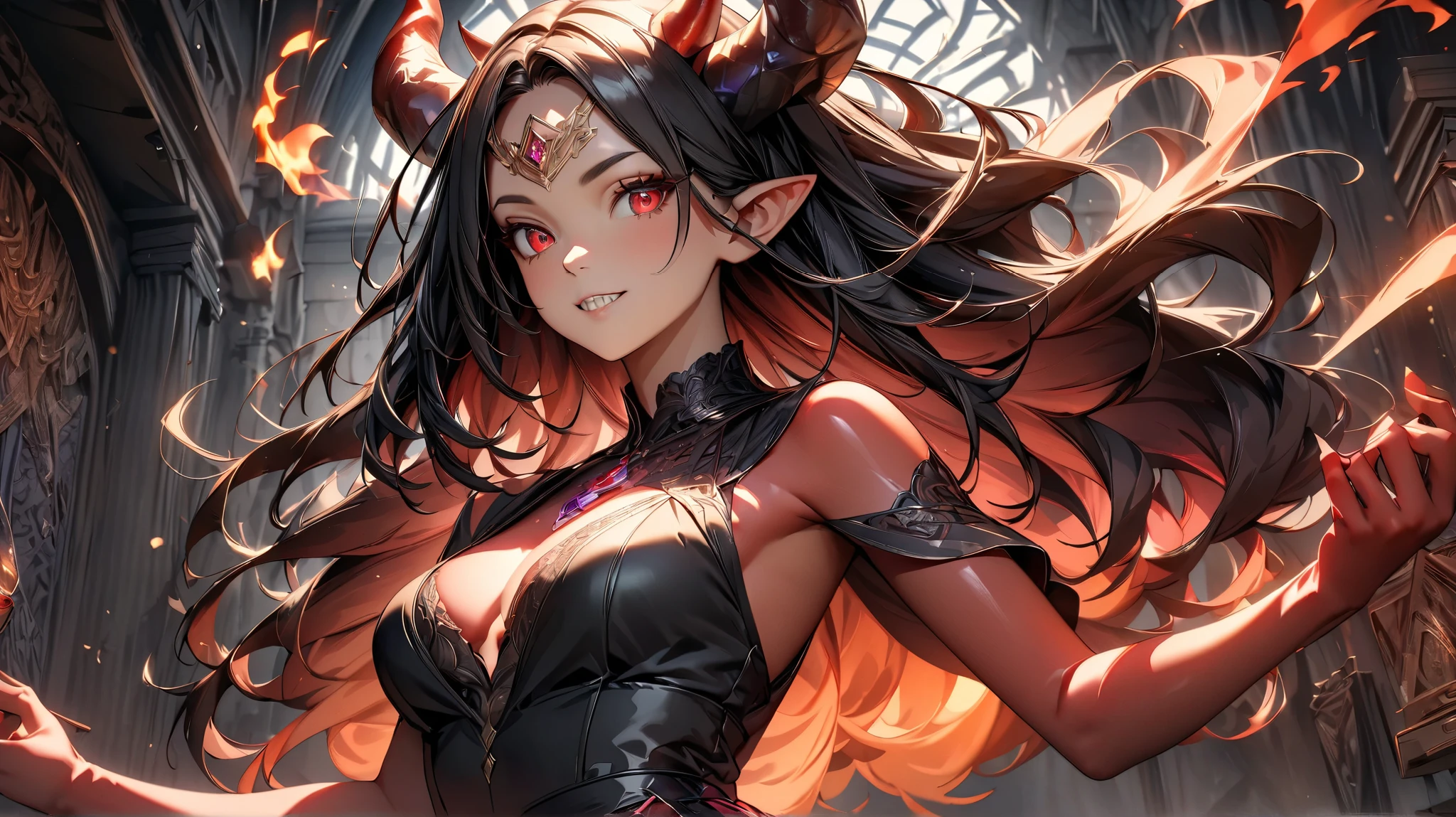 best quality, nsfw, extremely beautiful, beautiful face, long straight brown hair, yellow eyes, (Shiny dark red skin : 1.3), skinny, small breast, Demon horns, revealing dark armor, bare thigh, bare shoulder, long gloves reaching up to the shoulder, dark cape, gemstone encased in armor, in a dark forest at night, moon in background