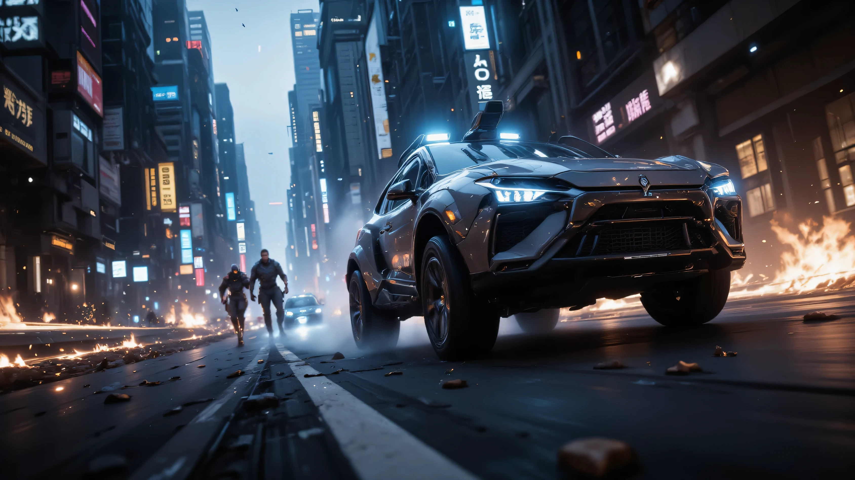 One mercenary crashes after a direct hit, but two more close in. The protagonist activates a booster, speeding ahead while deploying a digital decoy to mislead the pursuers.