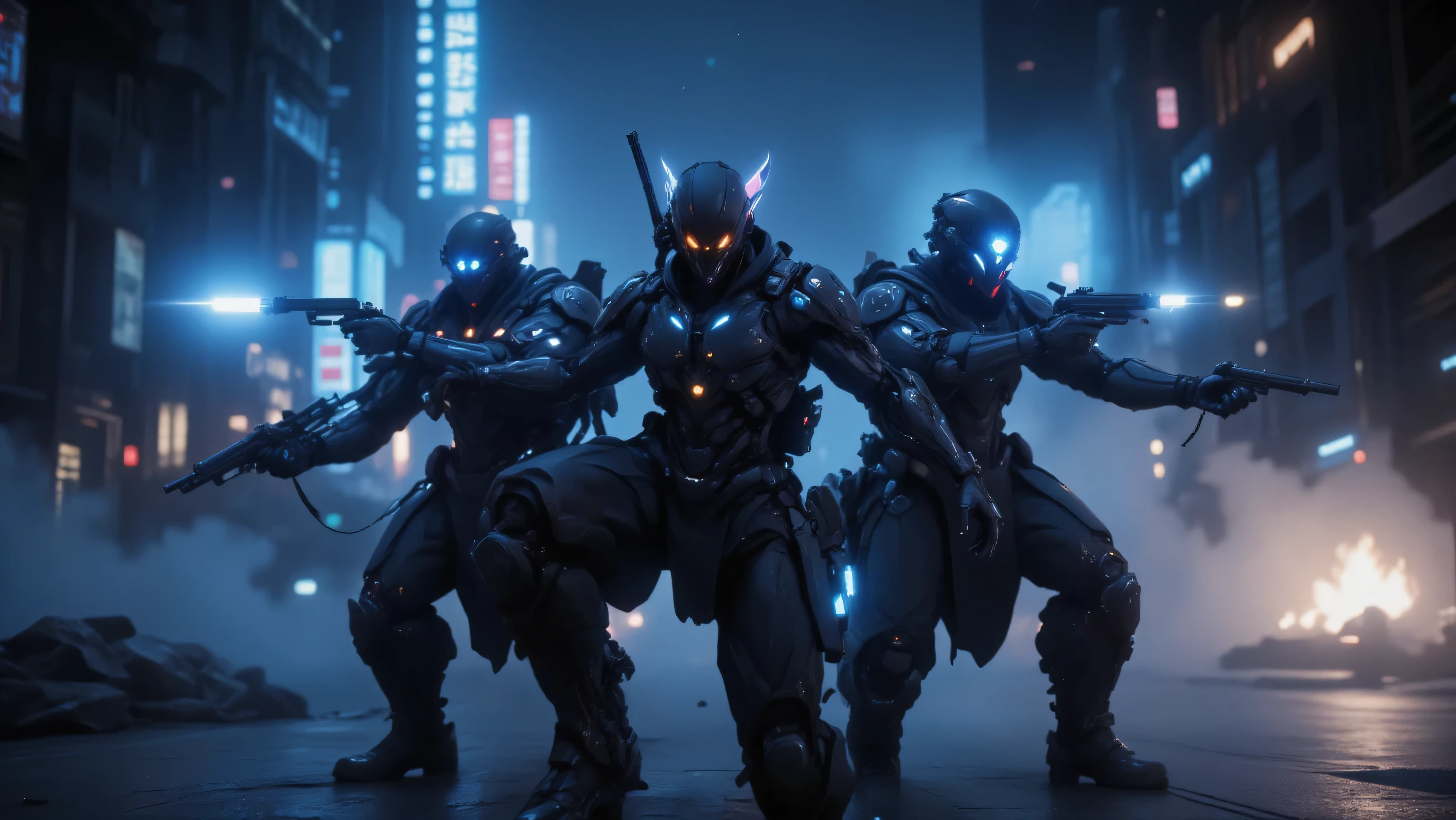A neon-lit cyberpunk cityscape at night,Masked mercenaries on cybernetic bikes emerge from the smoke, their glowing visors locking onto the protagonist. They raise their weapons, opening fire with energy rounds.
