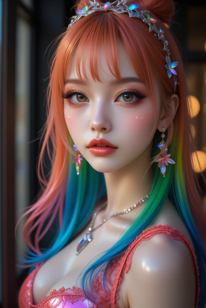 best quality, 8k, highly detailed face and skin texture, high resolution, sexy girl in colorful suit, fantastic style background image, magical style, sharp focus