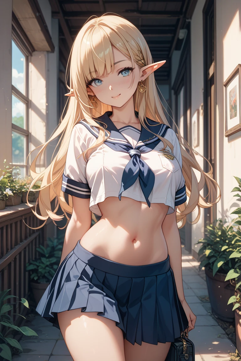 realistic image, detailed image, coherent image, 1 beautiful elf, she has very long hair, blonde hair, her eyes are blue, smiling expression. She is wearing a long-sleeved t-shirt, showing her navel, a pleated miniskirt with plaid, She has a curvy body, large breasts and thick thighs, She is posing sensually, arching her back, medieval setting, surrounded by a park, surrounded by flowers, castle background, Soft focus, Dramatic shadows, Volumetric lighting, natural lighting,