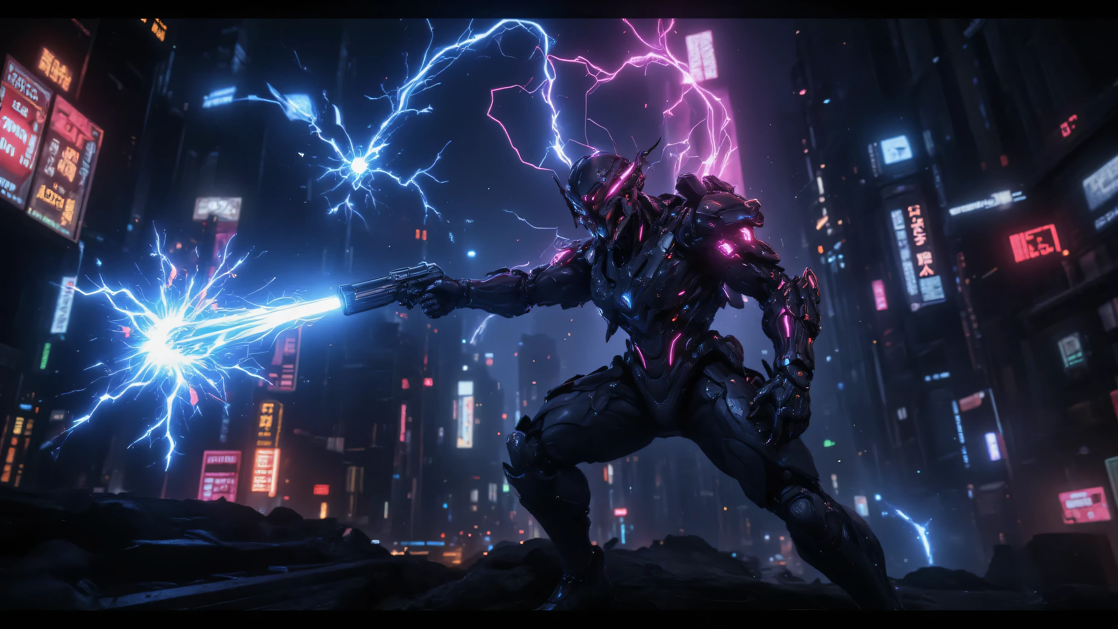 A neon-lit cyberpunk cityscape at night,The protagonist swerves, barely dodging energy blasts. They return fire with a sleek pistol, aiming at the mercenaries’ exposed power cores while maintaining high speed.
