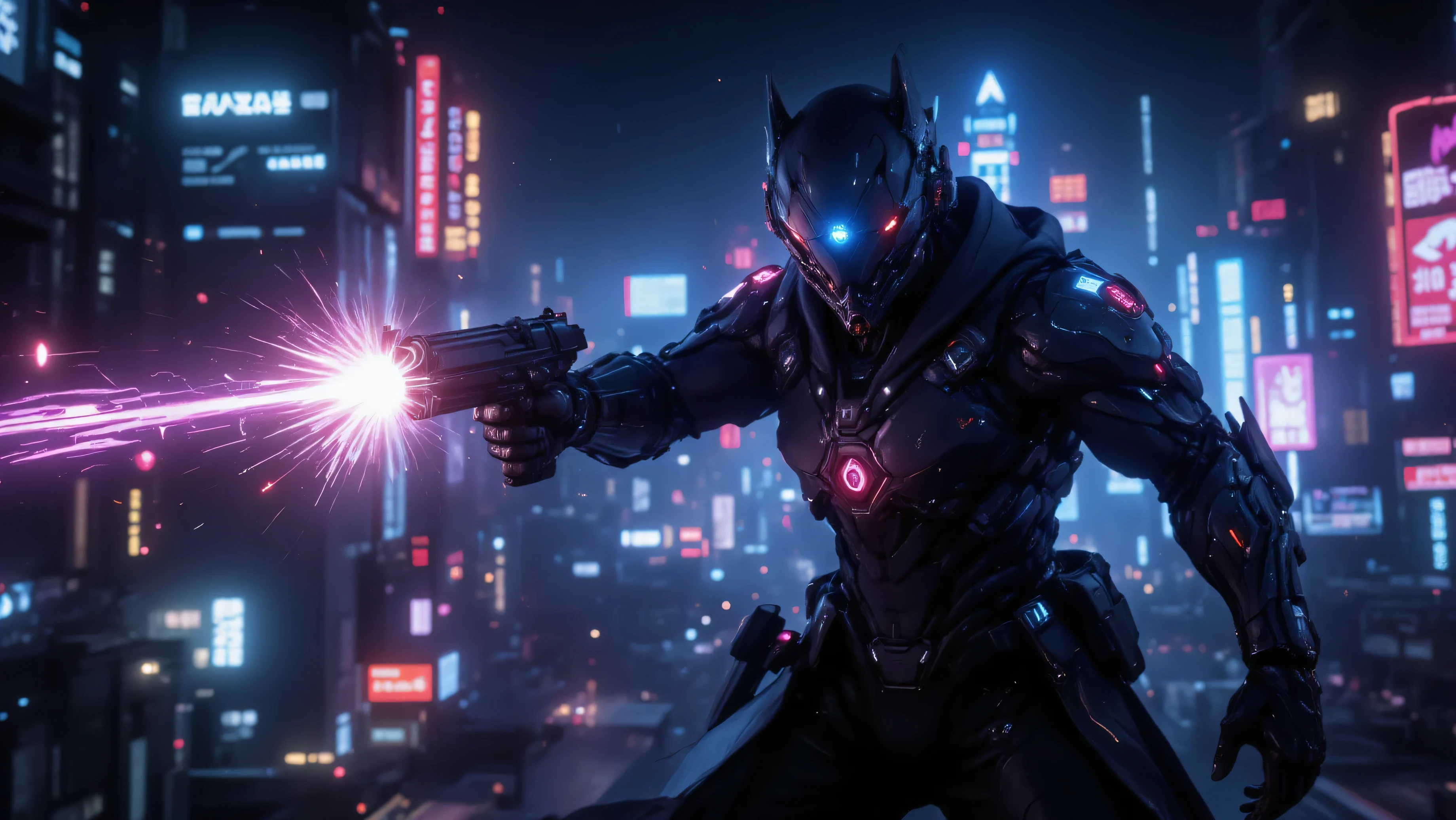 A neon-lit cyberpunk cityscape at night,The protagonist swerves, barely dodging energy blasts. They return fire with a sleek pistol, aiming at the mercenaries’ exposed power cores while maintaining high speed.