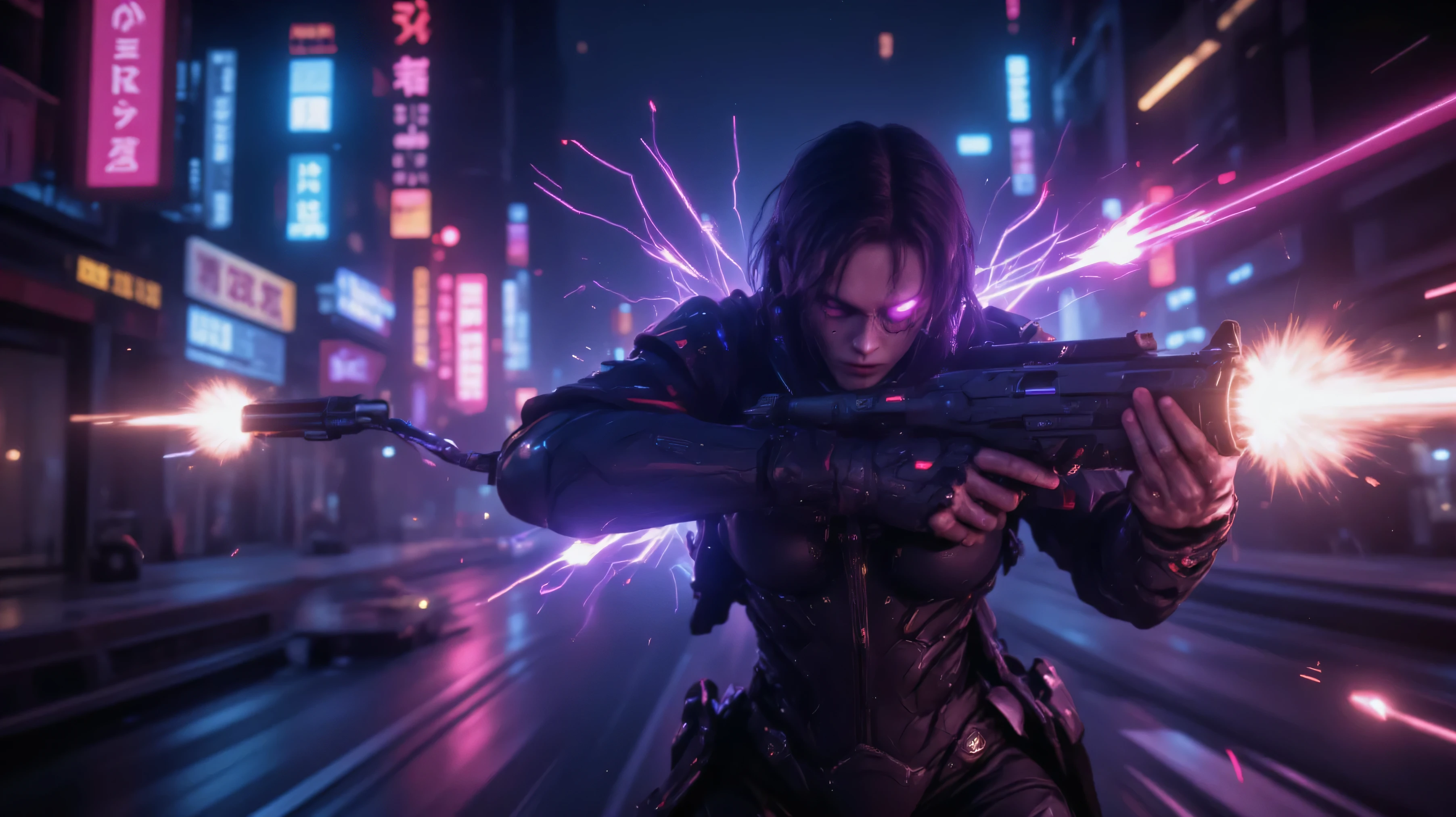 A neon-lit cyberpunk cityscape at night,The protagonist swerves, barely dodging energy blasts. They return fire with a sleek pistol, aiming at the mercenaries’ exposed power cores while maintaining high speed.
