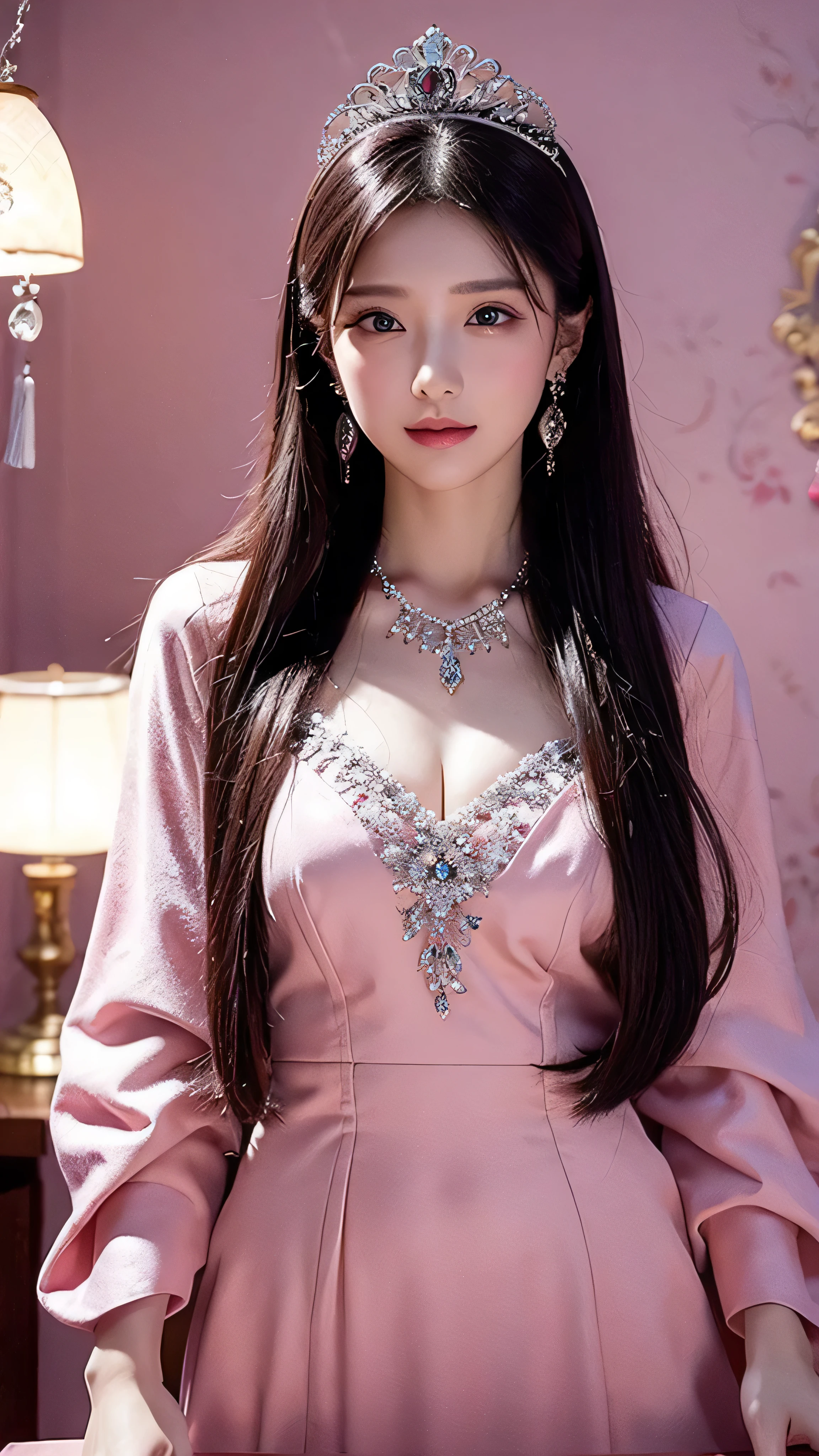 ( Masterpiece, top quality: 1.4), 詳細な経歴のFortune teller beauty, Fortune teller beauty、Fortune telling with white crystals , Crystal Cluster , long hair, ( pink dress) jewelry, earrings, necklace, crown, At the desk, maroon hair, halo,Beautiful Fortune Teller 。 Beautiful and colorful wallpaper in the background。