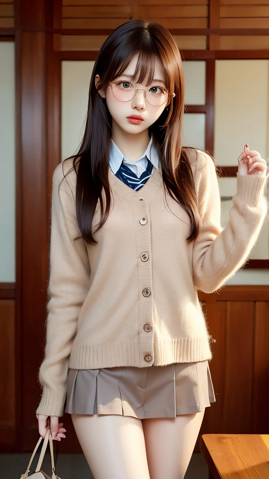    top quality，8k，、 Japanese School Uniforms 、Women、Loli Face、 round glasses、 straight hair、 big ass、Meaty thighs、Directly facing、Loli Face、 red cheeks、Embarrassing expression