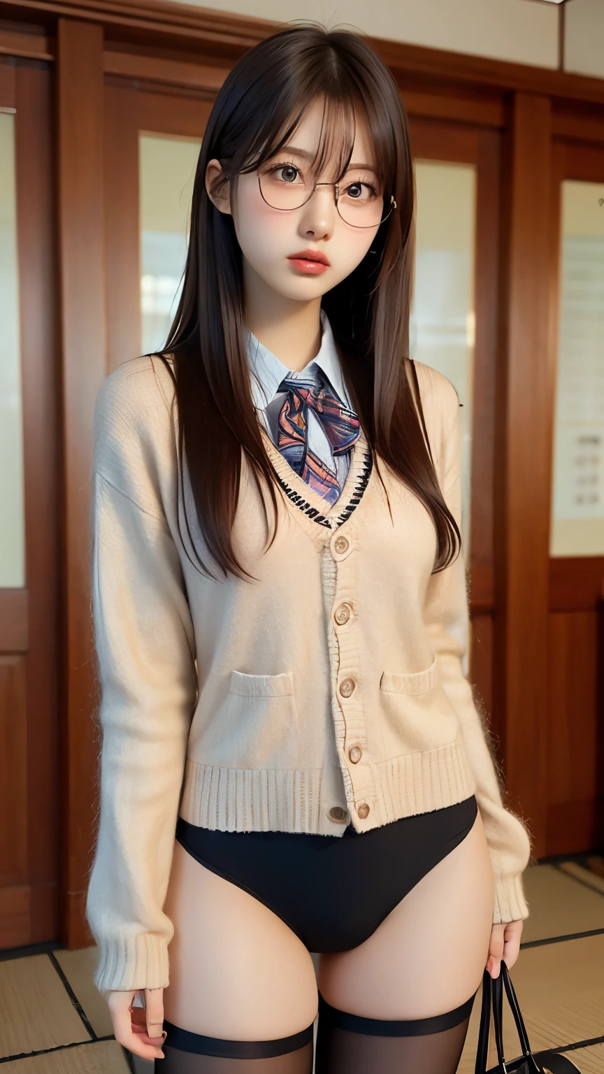    top quality，8k，、 Japanese School Uniforms 、Women、Loli Face、 round glasses、 Straight Hair、 big ass、Meaty thighs、Directly facing、Loli Face、 red cheeks、Embarrassing expression