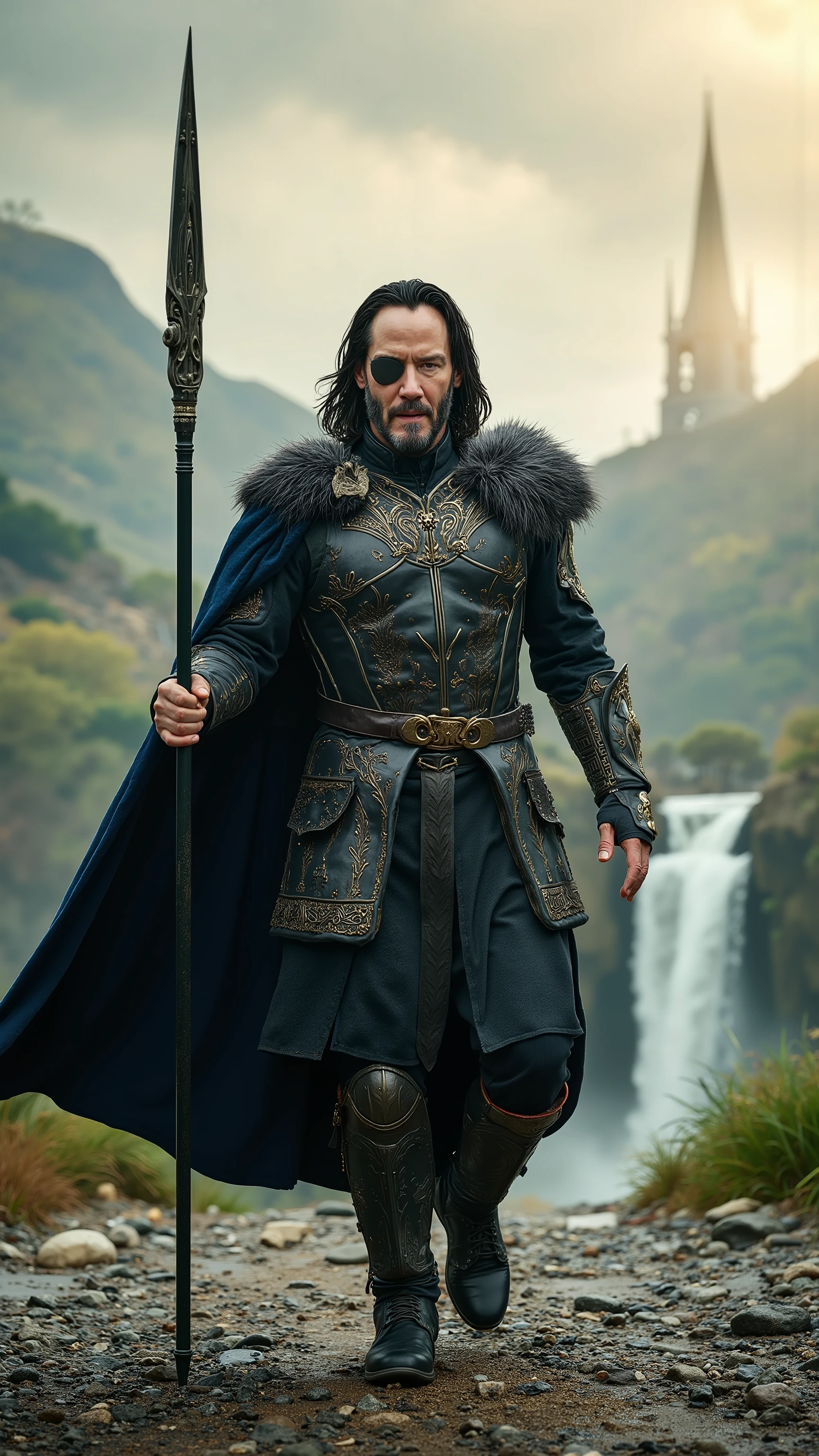 Keanu Reeves reimagined as a majestic Greek god Odin walking and holding Gungnir spear、dramatic atmosphere, 1 male、
A towering, battle-hardened figure exuding quiet wisdom and unshakable power. His long, flowing raven-black hair is streaked with silver, framing sharp, angular features marked by age and war. One eye is covered by a blackened steel eyepatch engraved with runes of foresight. His presence is both regal and foreboding, a god who has seen the rise and fall of empires.
He wears a high-collared cloak of deep midnight blue, lined with golden runes of fate, draping over a cuirass of blackened gold and storm-gray steel, engraved with Norse symbols of power and wisdom. His massive pauldrons curve like the wings of a raven, subtly shifting as if woven from shadow. Thick, rune-inscribed bracers of celestial iron encase his arms, their surfaces etched with sagas of war and prophecy.
A heavy wolf-fur mantle, dark as a stormy sky, rests upon his shoulders, secured by a golden brooch shaped like a coiled serpent. At his side, a massive runeblade, its hilt adorned with the bones of fallen kings, hums with the whispers of fate. In his hand, he wields Gungnir, the legendary spear, its shaft carved from Yggdrasil’s wood, its tip forged from a shard of a fallen star.
, shows his male character's full figure, athletic body, perfect face, full body, extremely beautiful, god, male shape, perfect anatomy, The background showcases the Asgard shines under a bright sky. Majestic golden spires pierce the heavens, while the Bifrost Bridge arcs in radiant colors. Waterfalls tumble down rocky cliffs, embraced by verdant landscapes, photorealistic, masterpiece, realistic, high contrast, 8k, HD, high definition detailed, detailed, hyper detailed, realistic skin texture, best quality, ultra high resolution, hyper realistic, no text, very detailed eyes, dramatic lighting