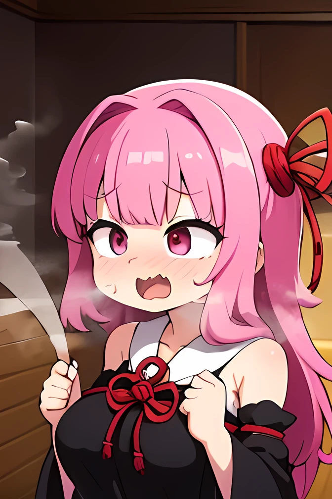 ((( penis_shadow,:1.4))), kotonoha akane,(( is puzzling)),Small eyes,round face,(hair ribbon),pink hair,long hair,(((One double tooth))),(((big breast))),(( chubby)) ,((black dress)), detached sleeves, wide sleeves, bare shoulders ,(open your mouth ),((( estrus))), ((steam:1.5)),(sweat ),(fun), indoor, living room ,(upper body ),((( focus on the face))), angle from before,